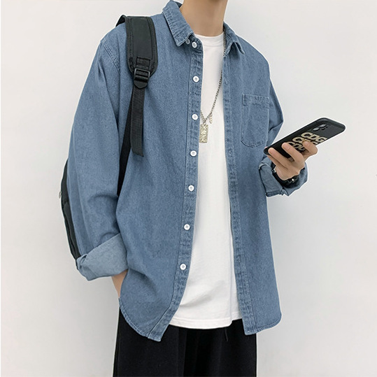 Men's Streetwear Classic Patched Pocket Denim Shirt - Print On Demand | HugePOD-3