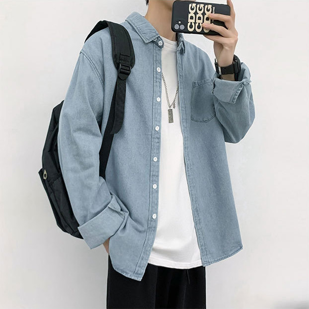 Men's Streetwear Classic Patched Pocket Denim Shirt - Print On Demand | HugePOD-5