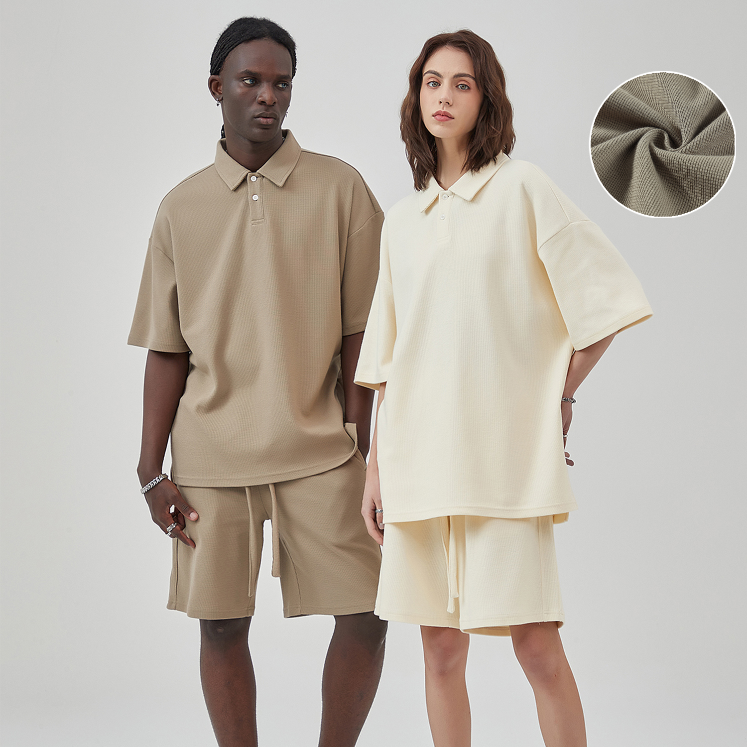 Streetwear Heavyweight 330G Collared Split Diamond Waffle Stitch Fabric Polo Shirt - Print On Demand | HugePOD-1