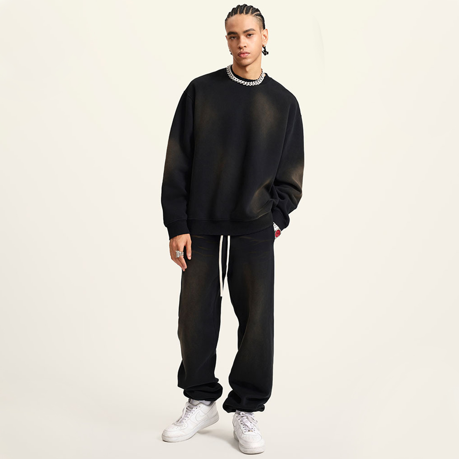 (Black)Streetwear Unisex Monkey Washed Dyed Fleece Pullover-3