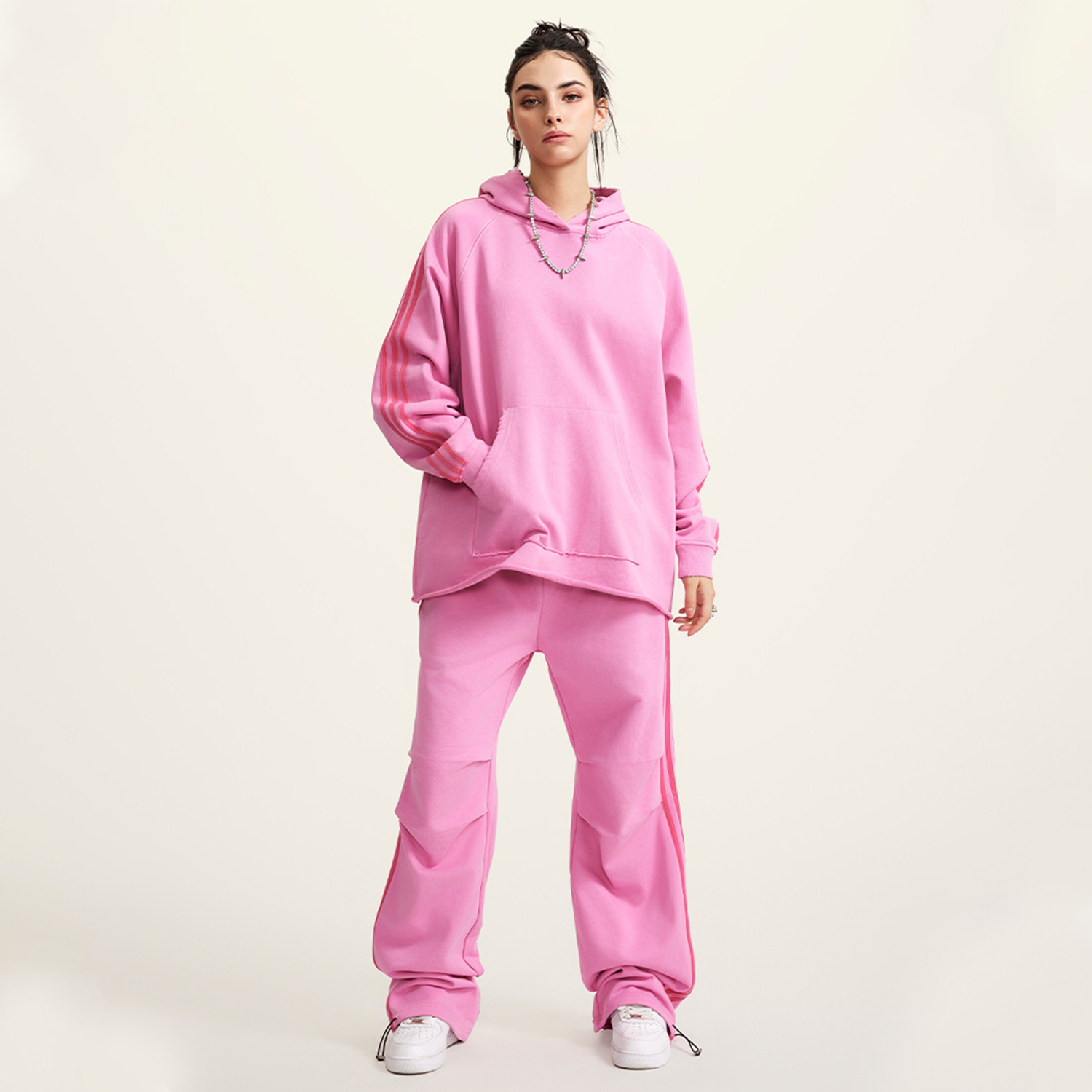 Pink Streetwear Heavyweight Three Bar Contrast Raglan Hoodie-3