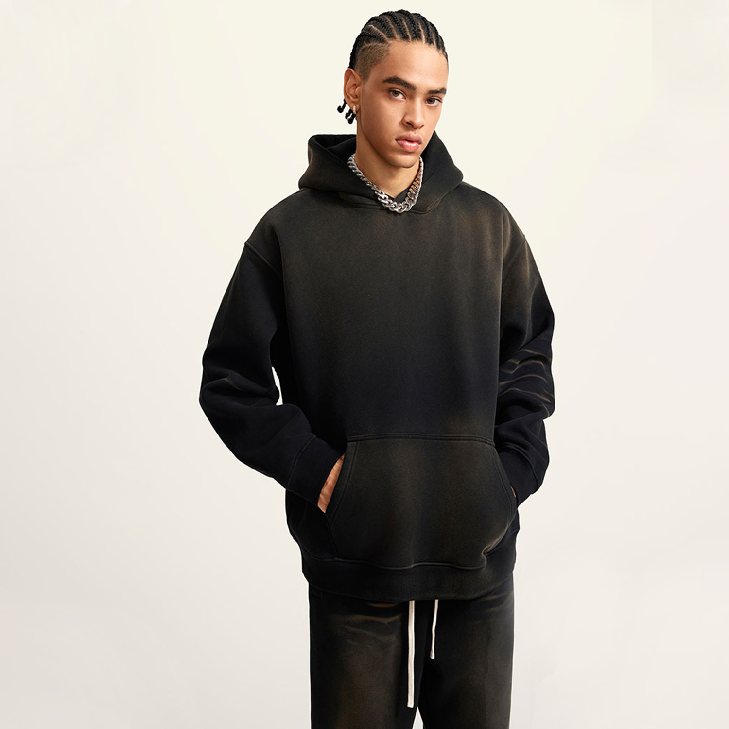 (Black)Streetwear Unisex Monkey Washed Dyed Fleece Hoodie