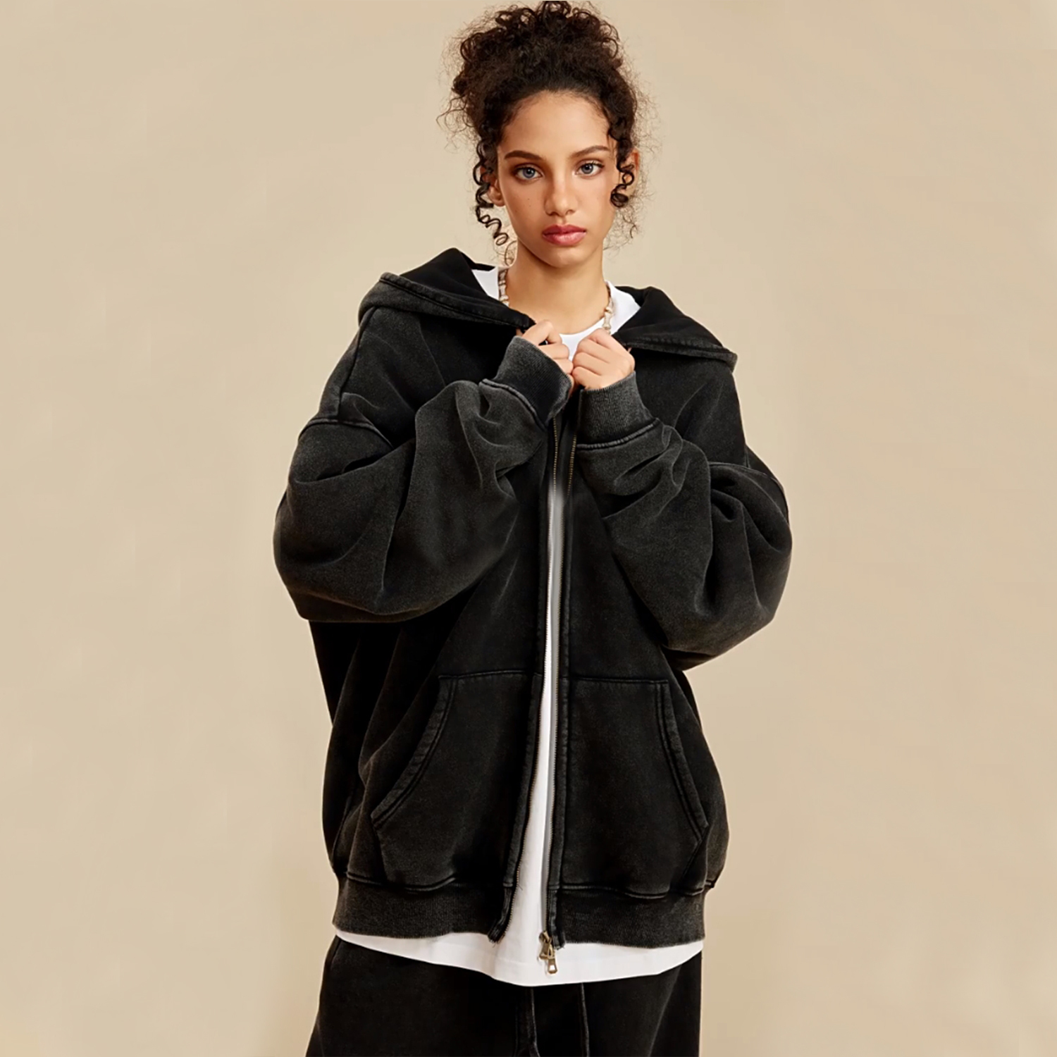 Streetwear Unisex Washed Zip Fleece  Hoodie - Print On Demand-13