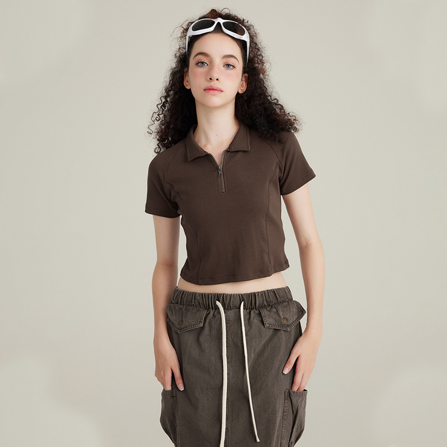 Streetwear Sexy Vintage zippered Cropped Tee - Print On Demand-3
