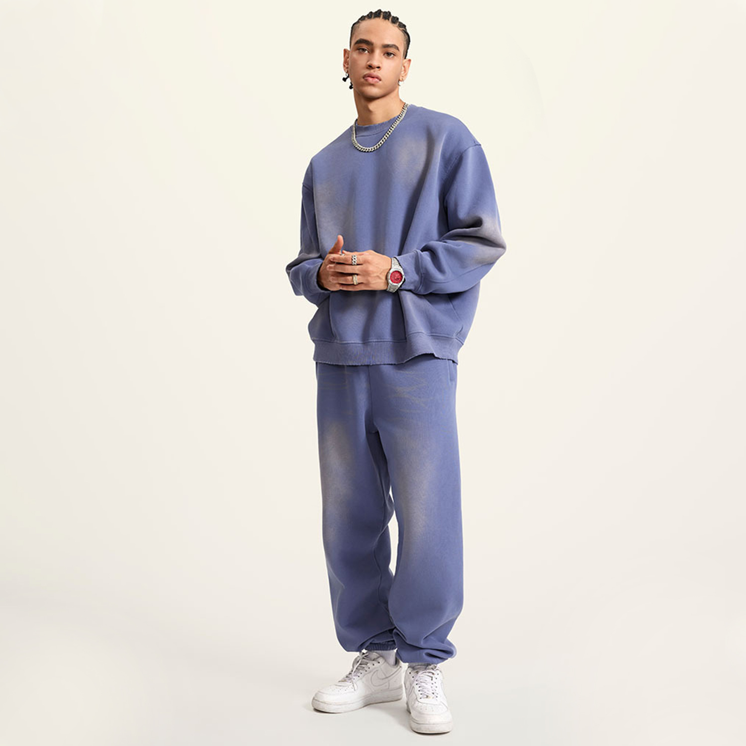 (Denim Blue)Streetwear Monkey Washed Dyed Fleece Pullover-3