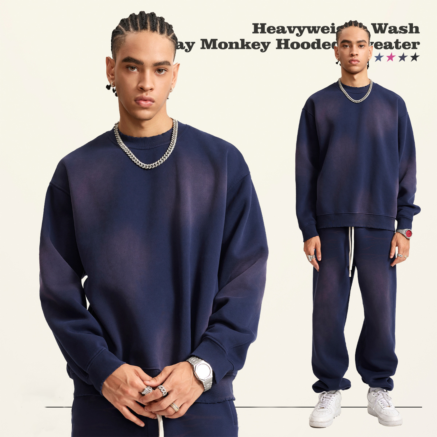 Streetwear Monkey Washed Dyed Fleece Royal Blue Pullover | Dropshipping