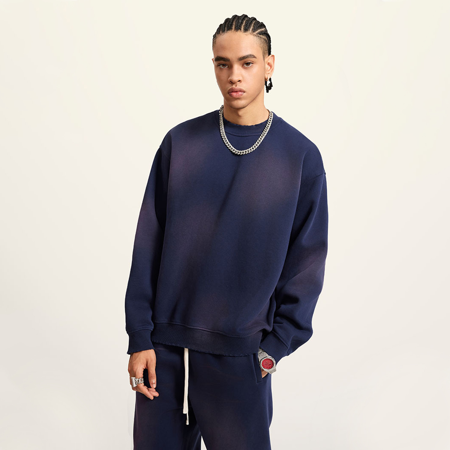 Streetwear Monkey Washed Dyed Fleece Royal Blue Pullover | Dropshipping-2