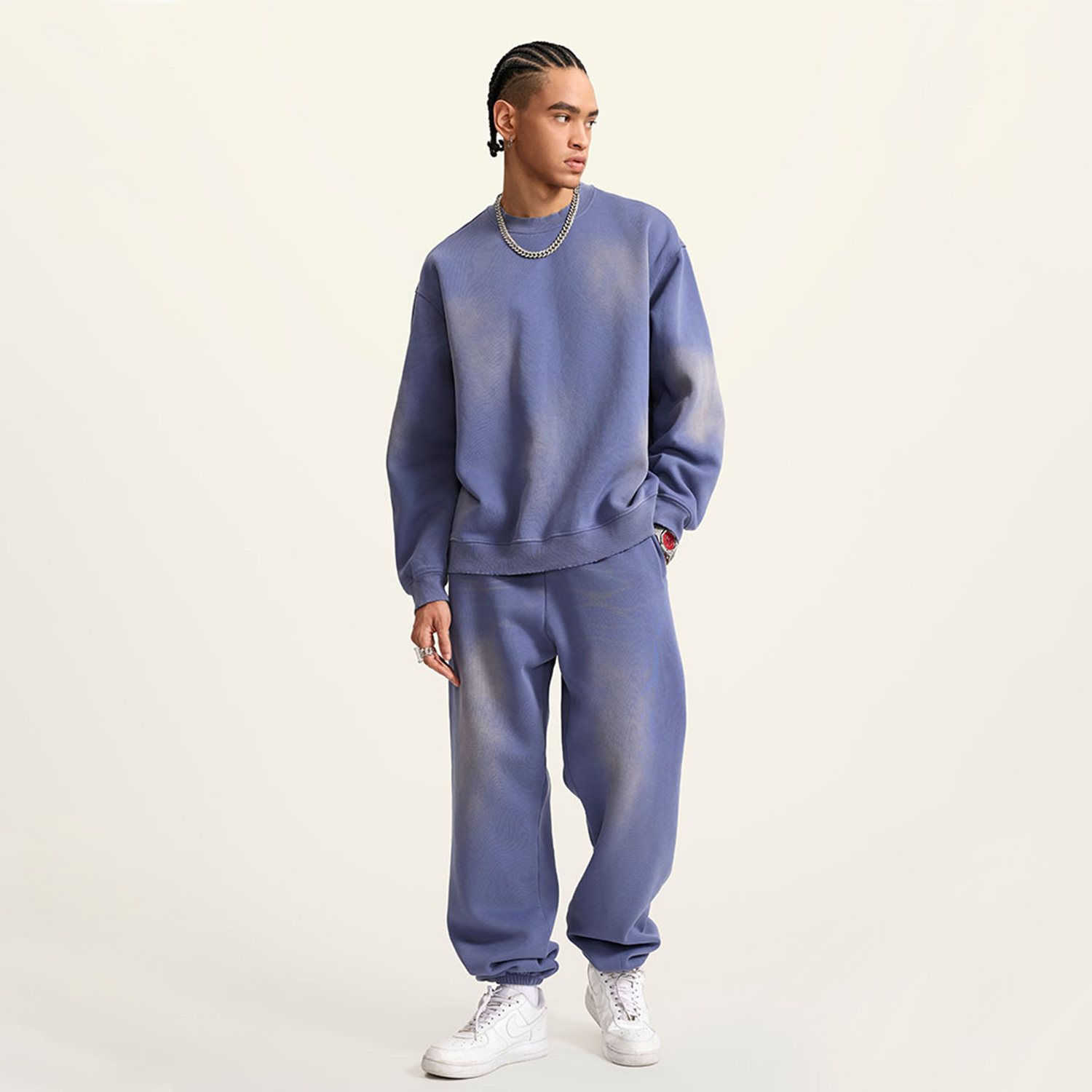 (Denim Blue)Streetwear Monkey Washed Dyed Fleece Pullover-2