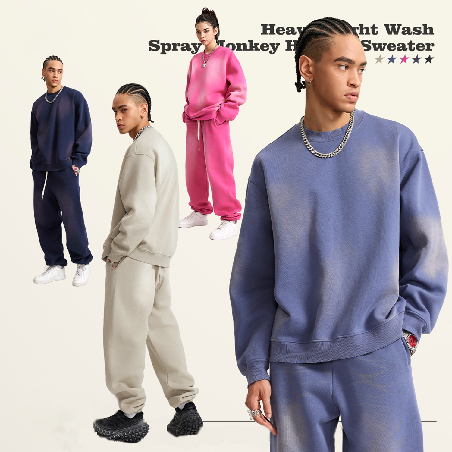 (Denim Blue)Streetwear Monkey Washed Dyed Fleece Pullover-6