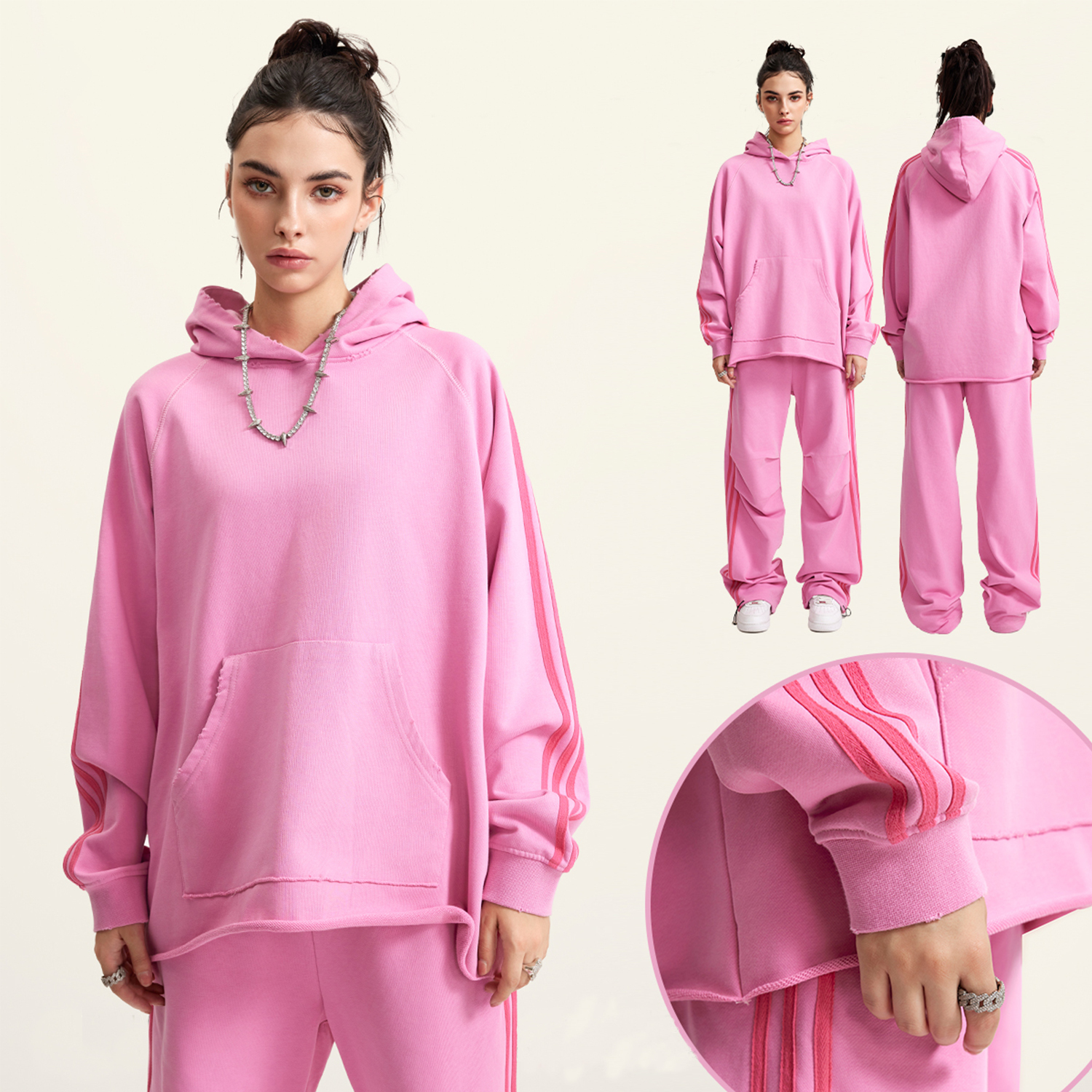 Pink Streetwear Heavyweight Three Bar Contrast Raglan Hoodie-1