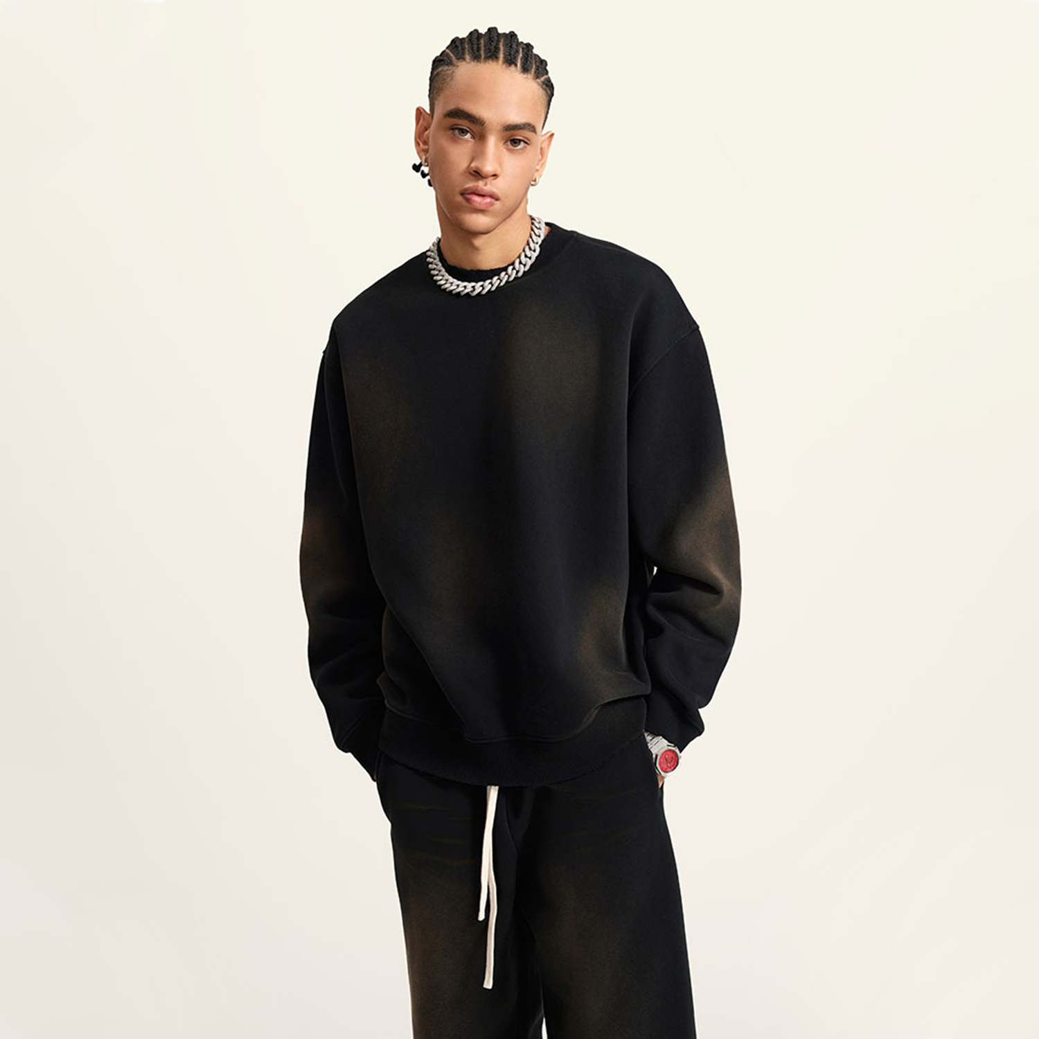 (Black)Streetwear Unisex Monkey Washed Dyed Fleece Pullover-2