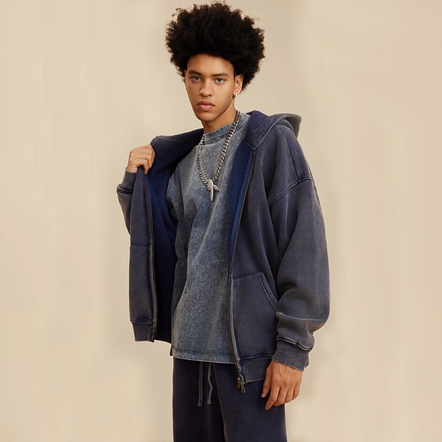 Streetwear Unisex Washed Zip Fleece  Hoodie - Print On Demand-11
