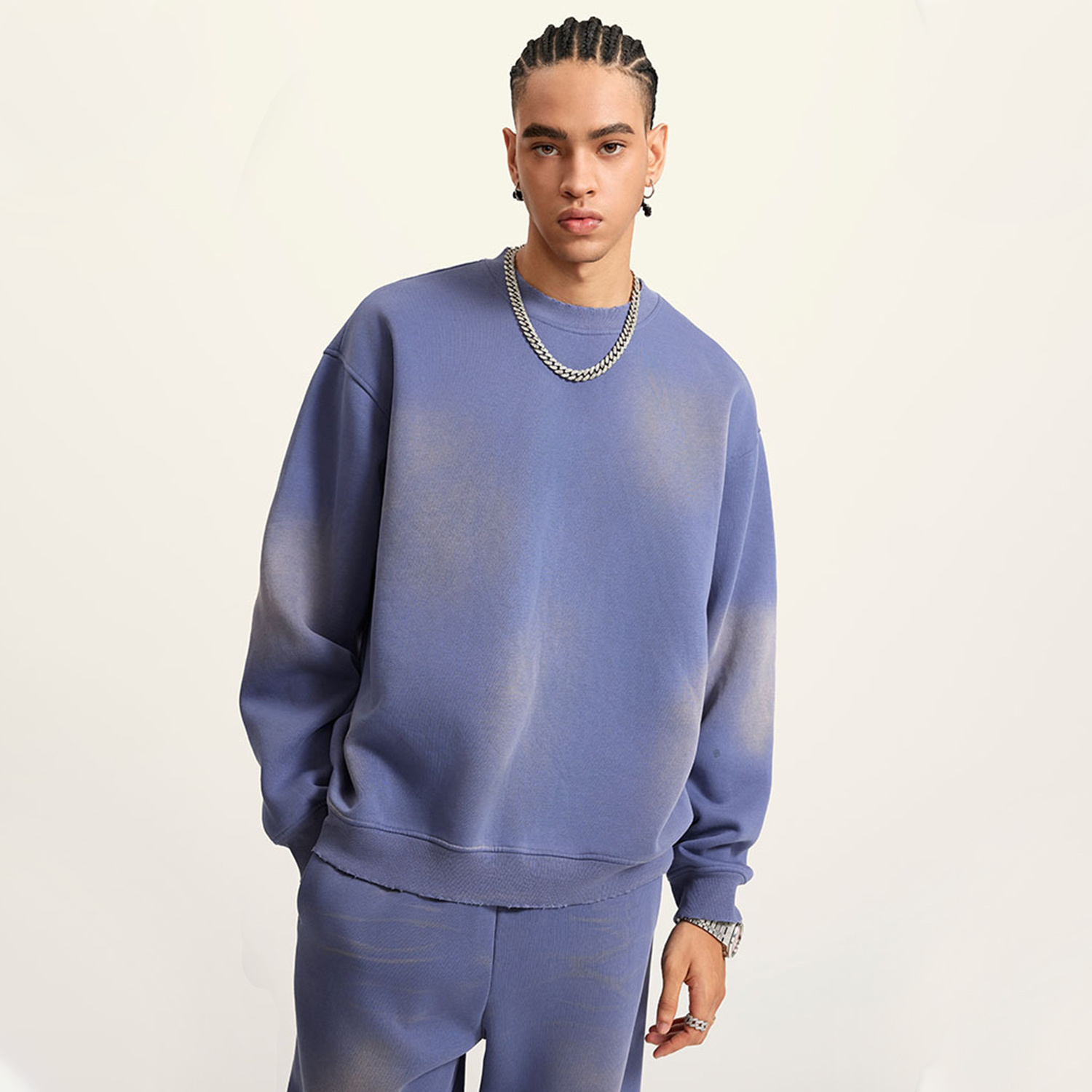 (Denim Blue)Streetwear Monkey Washed Dyed Fleece Pullover