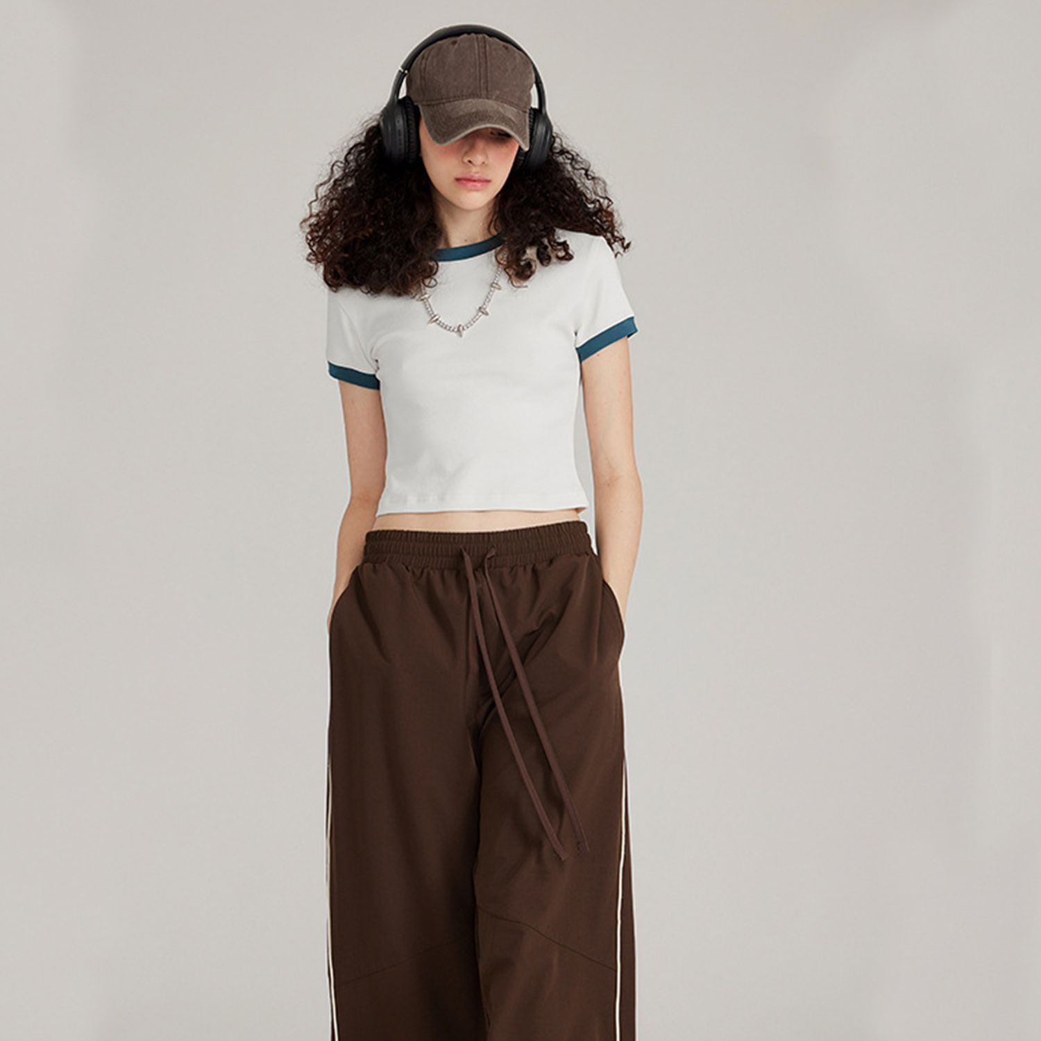 Streetwear Vintage Color-Block Fitted Cropped Grayish Blue Tee - Print On Demand | HugePOD-2