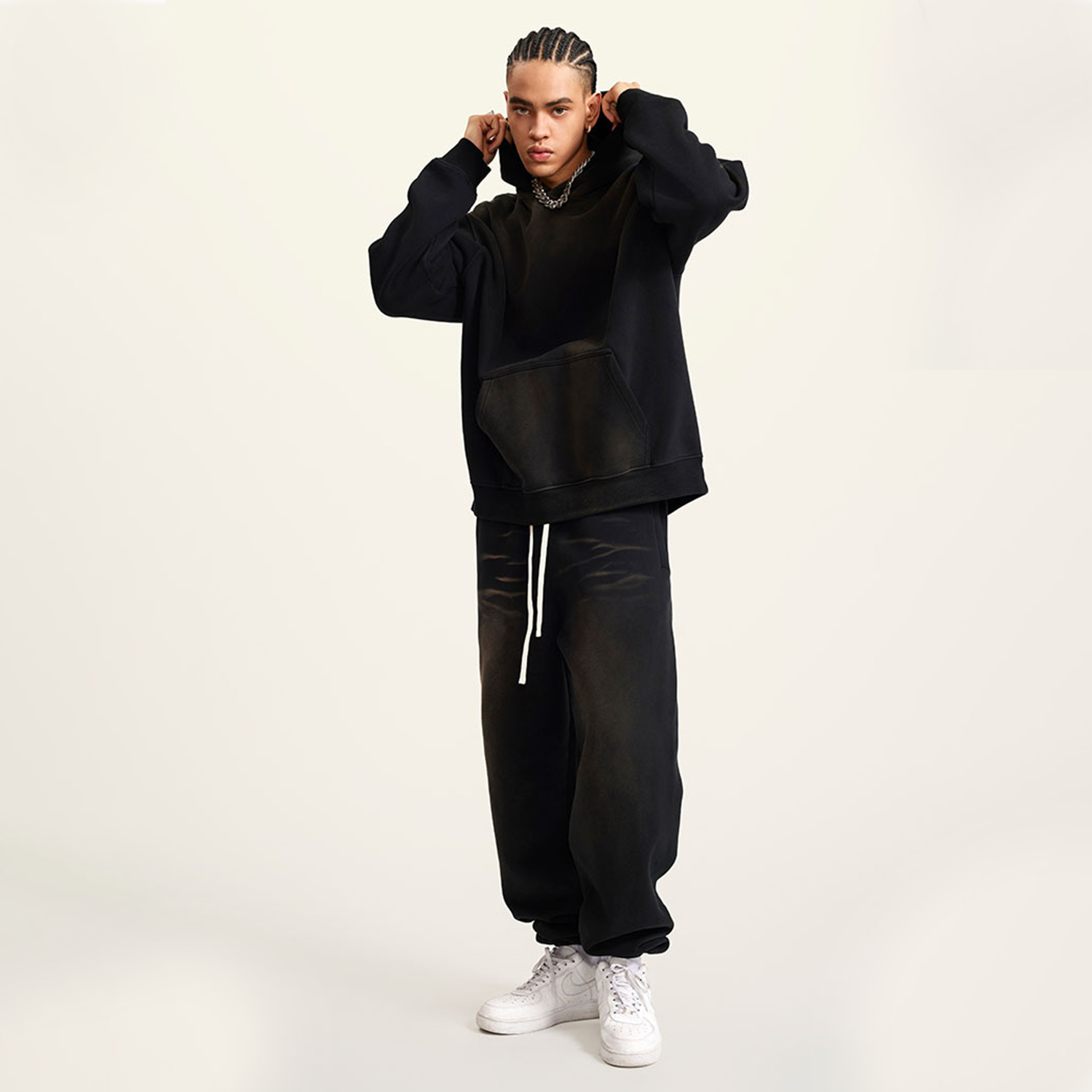 (Black)Streetwear Unisex Monkey Washed Dyed Fleece Hoodie-2