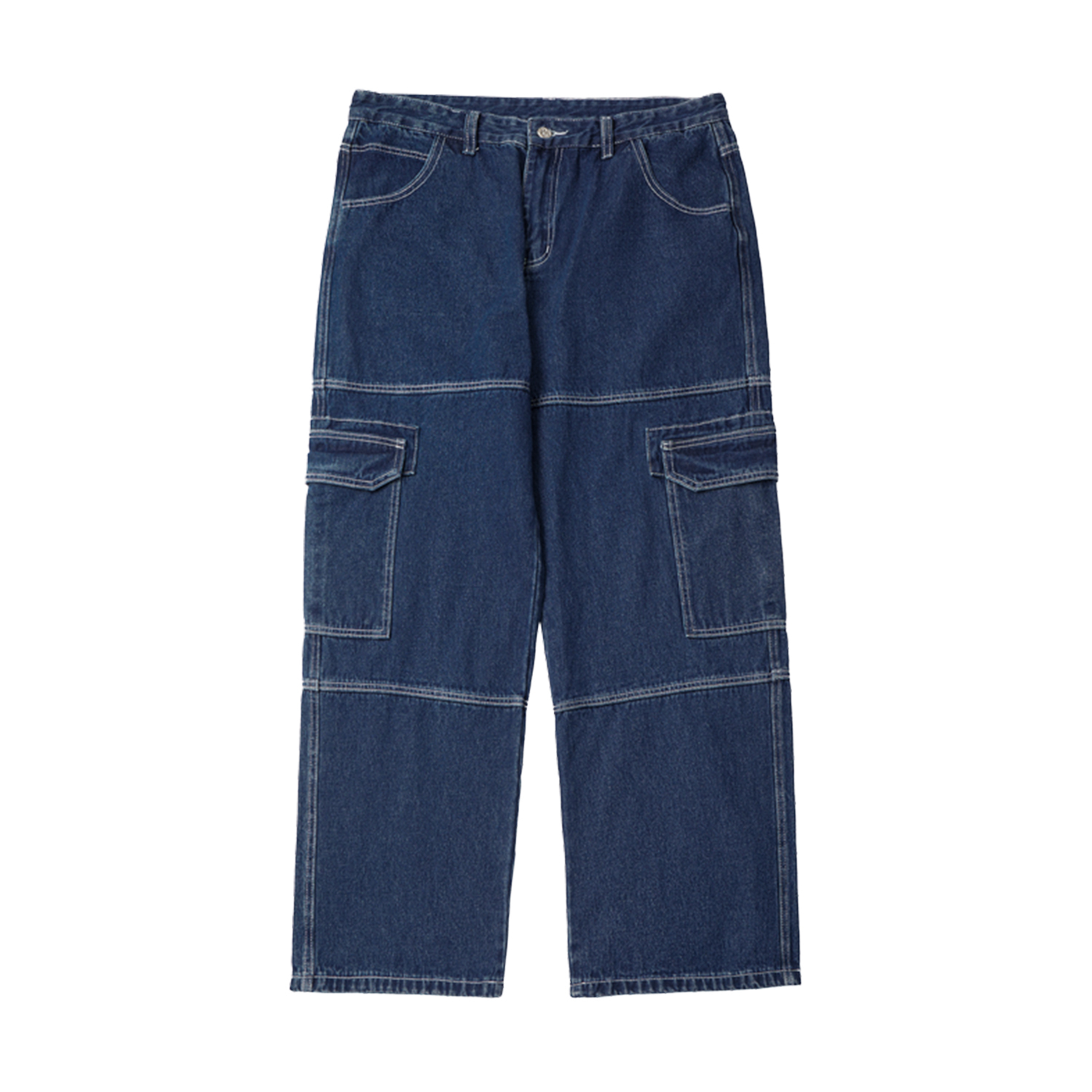 Streetwear Unisex  Pockets Wide-Legged Straight Cut Denim Jeans (blue) - Print on Demand | HugePOD-7