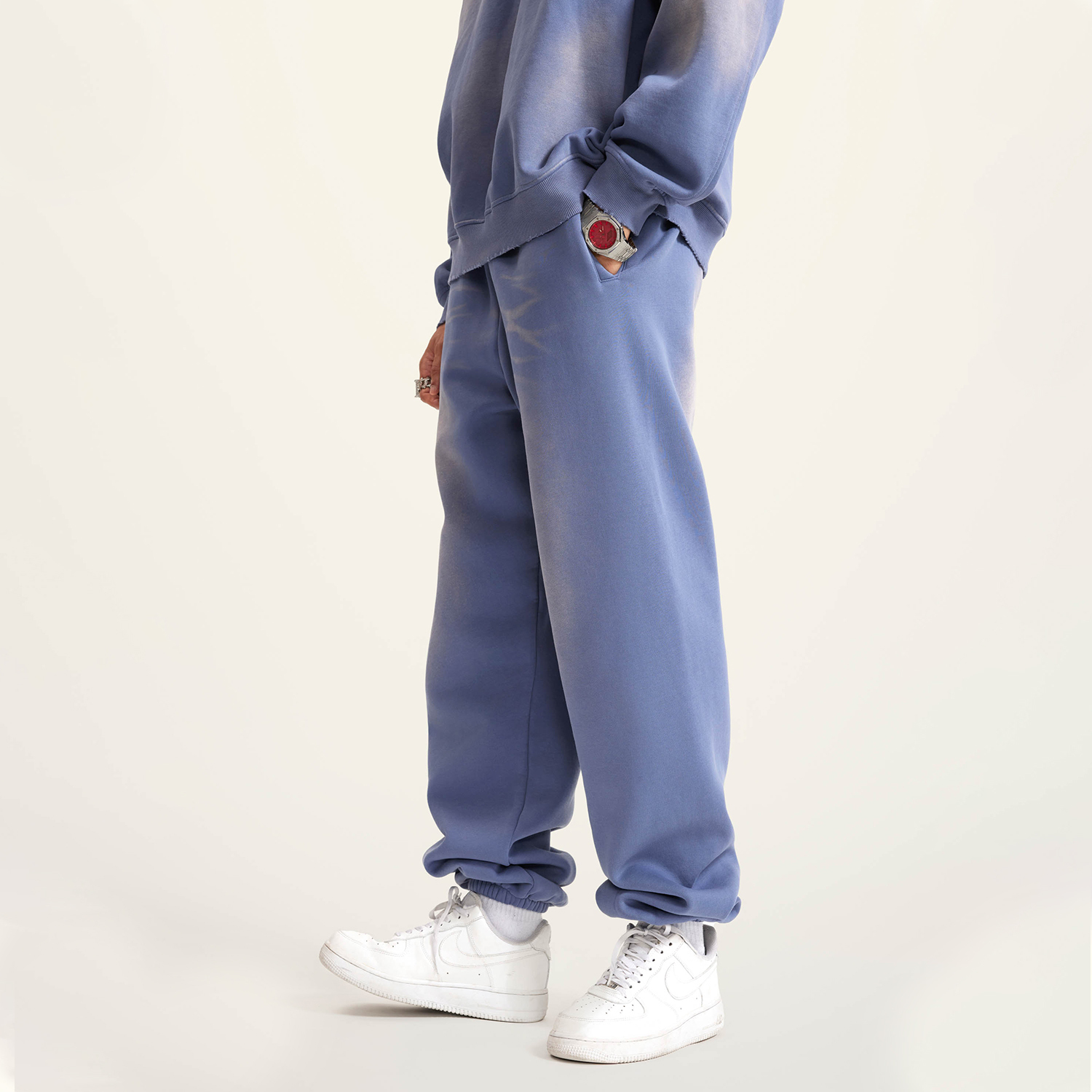 (Denim Blue)Streetwear Unisex Monkey Washed Dyed Fleece Joggers-7