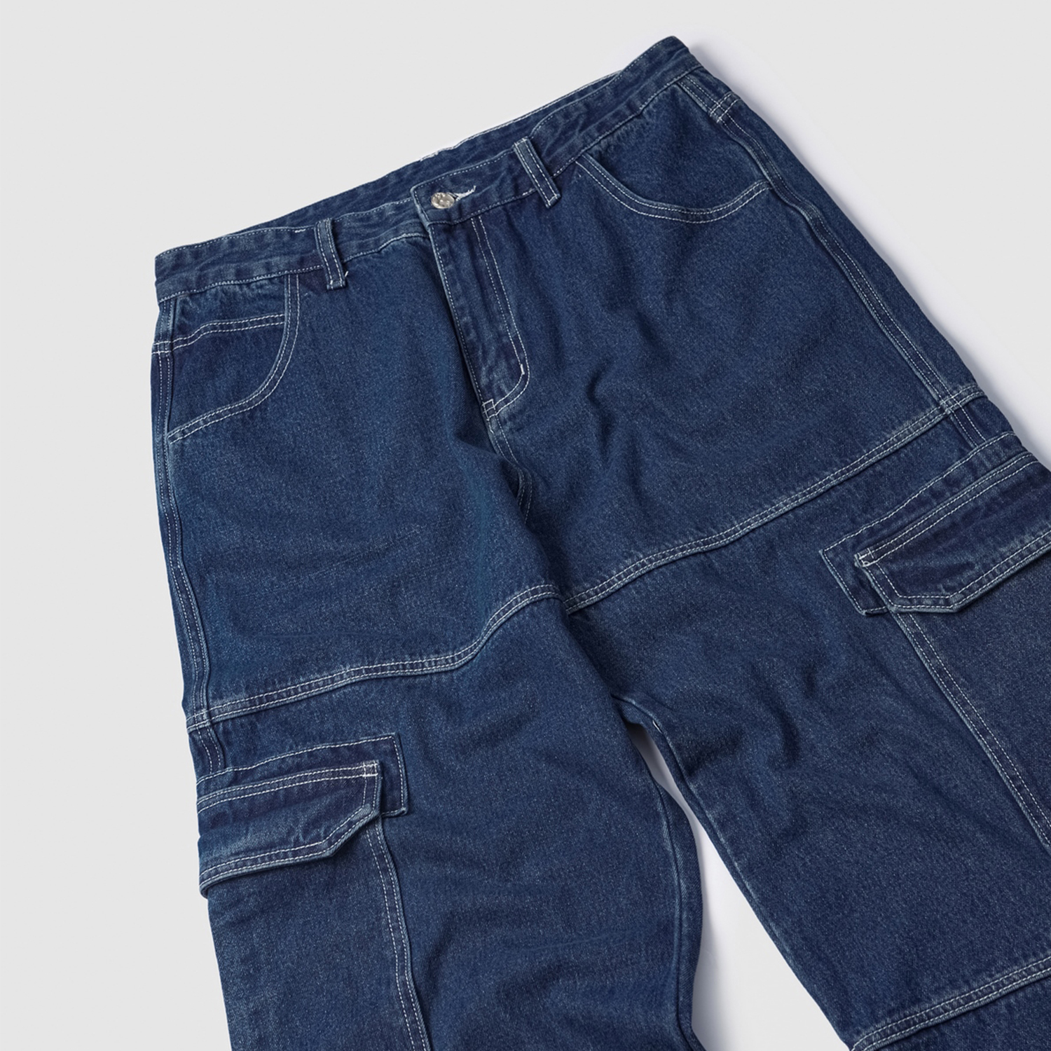Streetwear Unisex  Pockets Wide-Legged Straight Cut Denim Jeans (blue) - Print on Demand | HugePOD-10