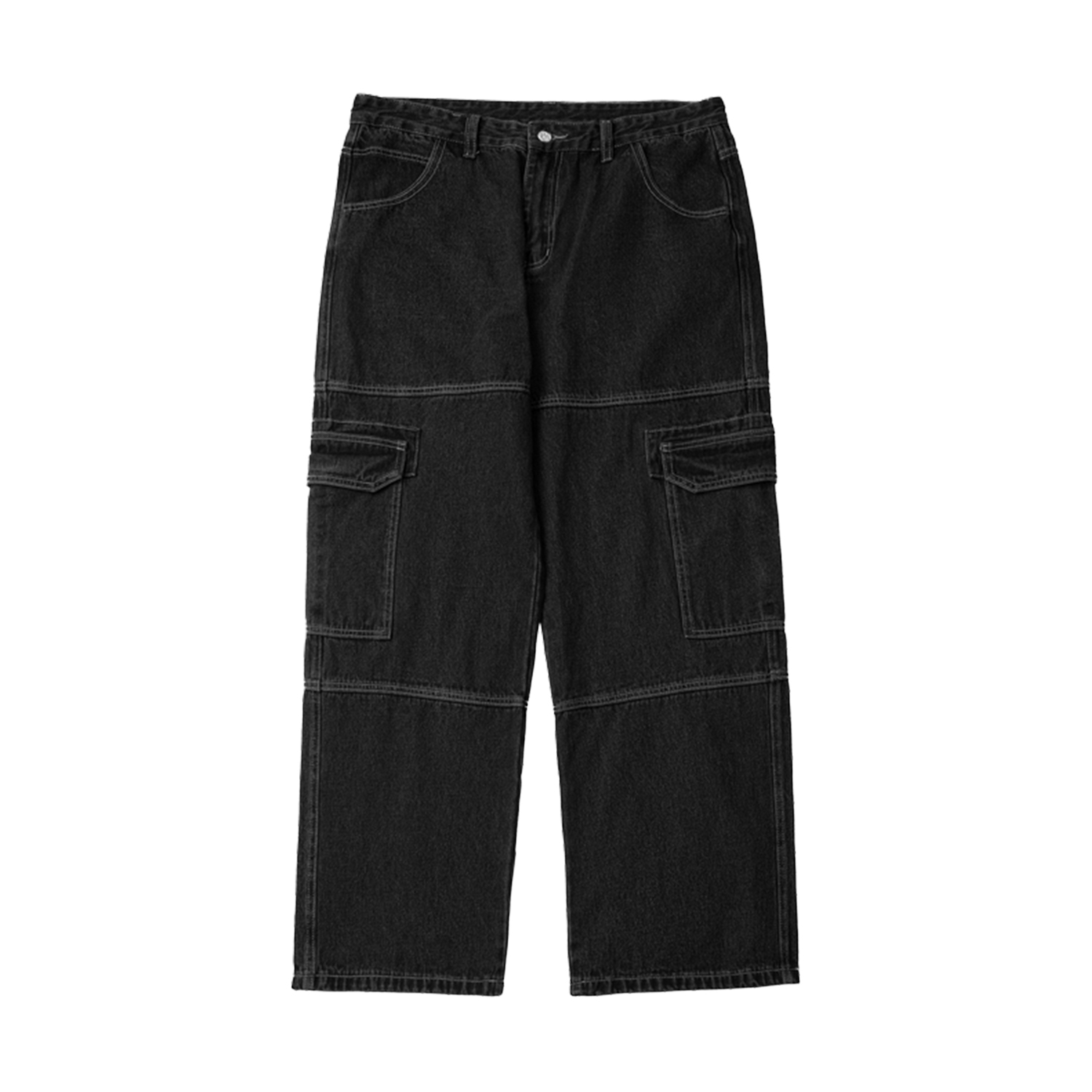 Streetwear Unisex Pockets Wide-Legged Straight Cut Denim Jeans (Black) - Print On Demand | HugePOD-4