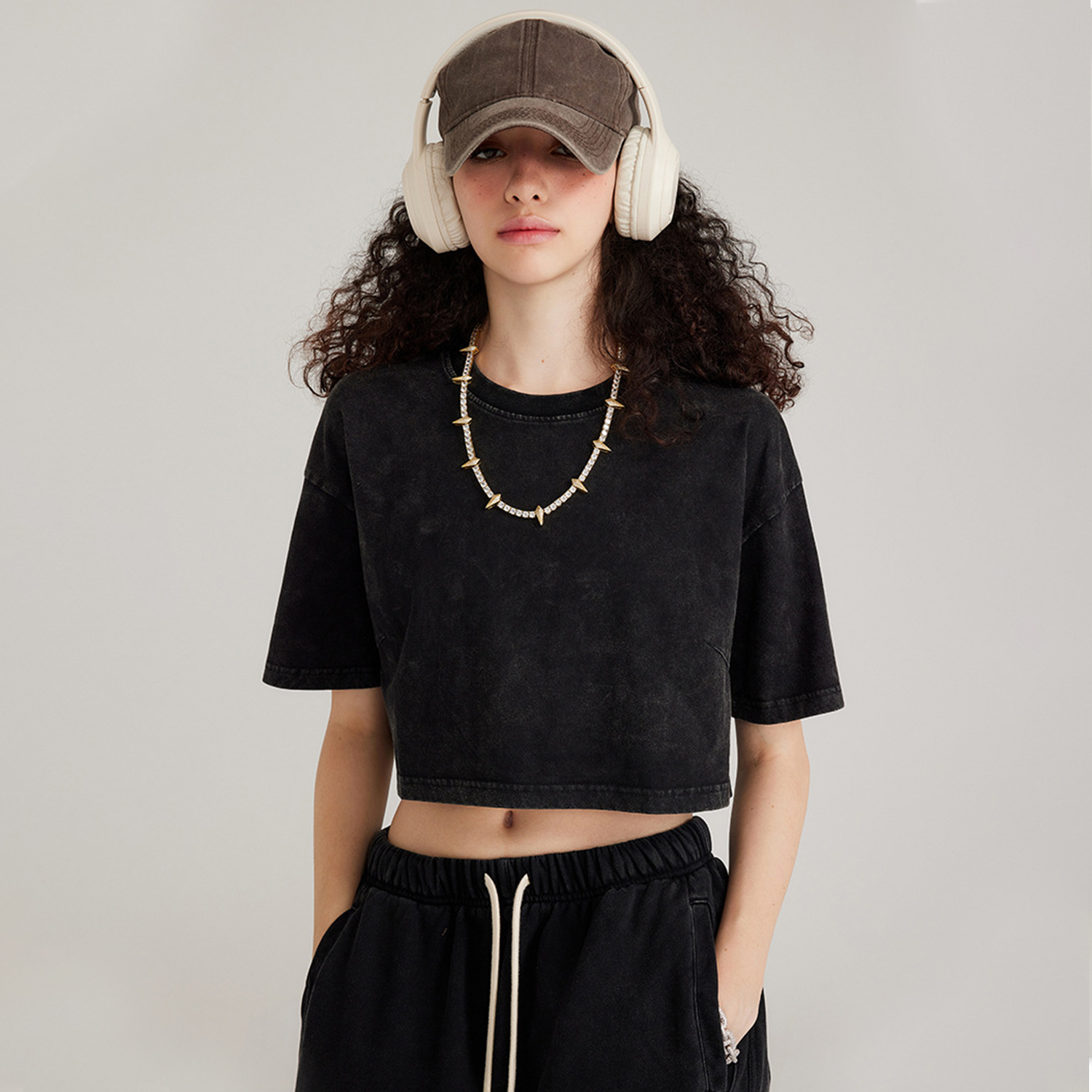 Streetwear Women's Vintage Snow Washed  Loose Boxy Cropped Black Tee - Print On Demand | HugePOD-1