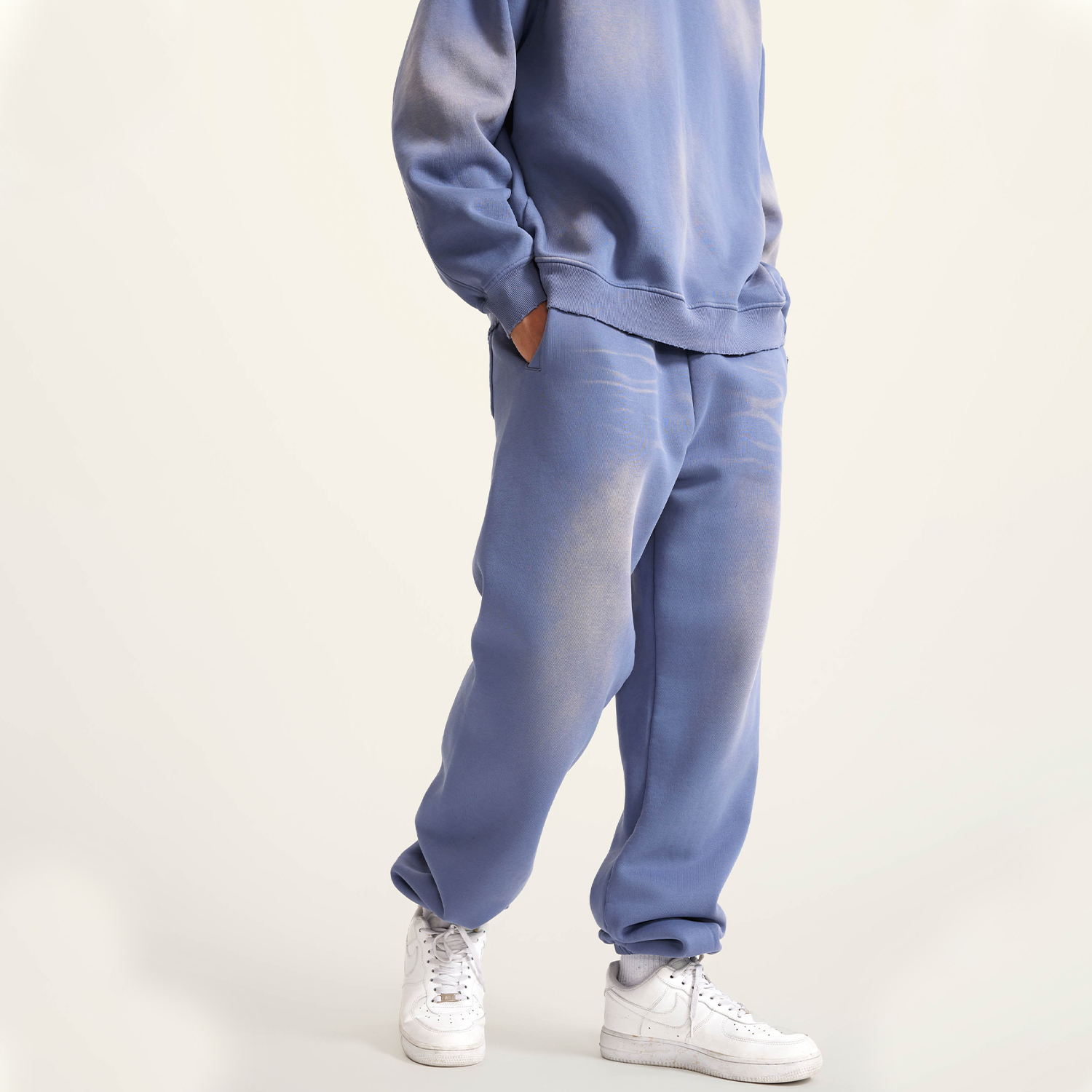 (Denim Blue)Streetwear Unisex Monkey Washed Dyed Fleece Joggers-4