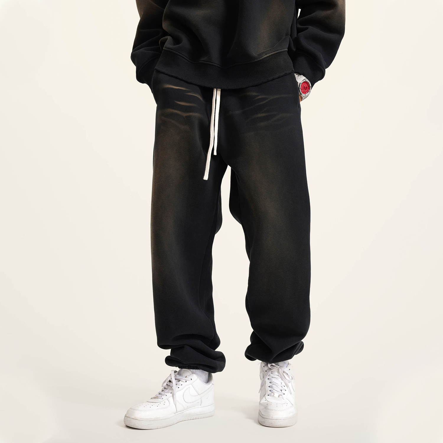 (Black)Streetwear Unisex Monkey Washed Dyed Fleece Joggers-3