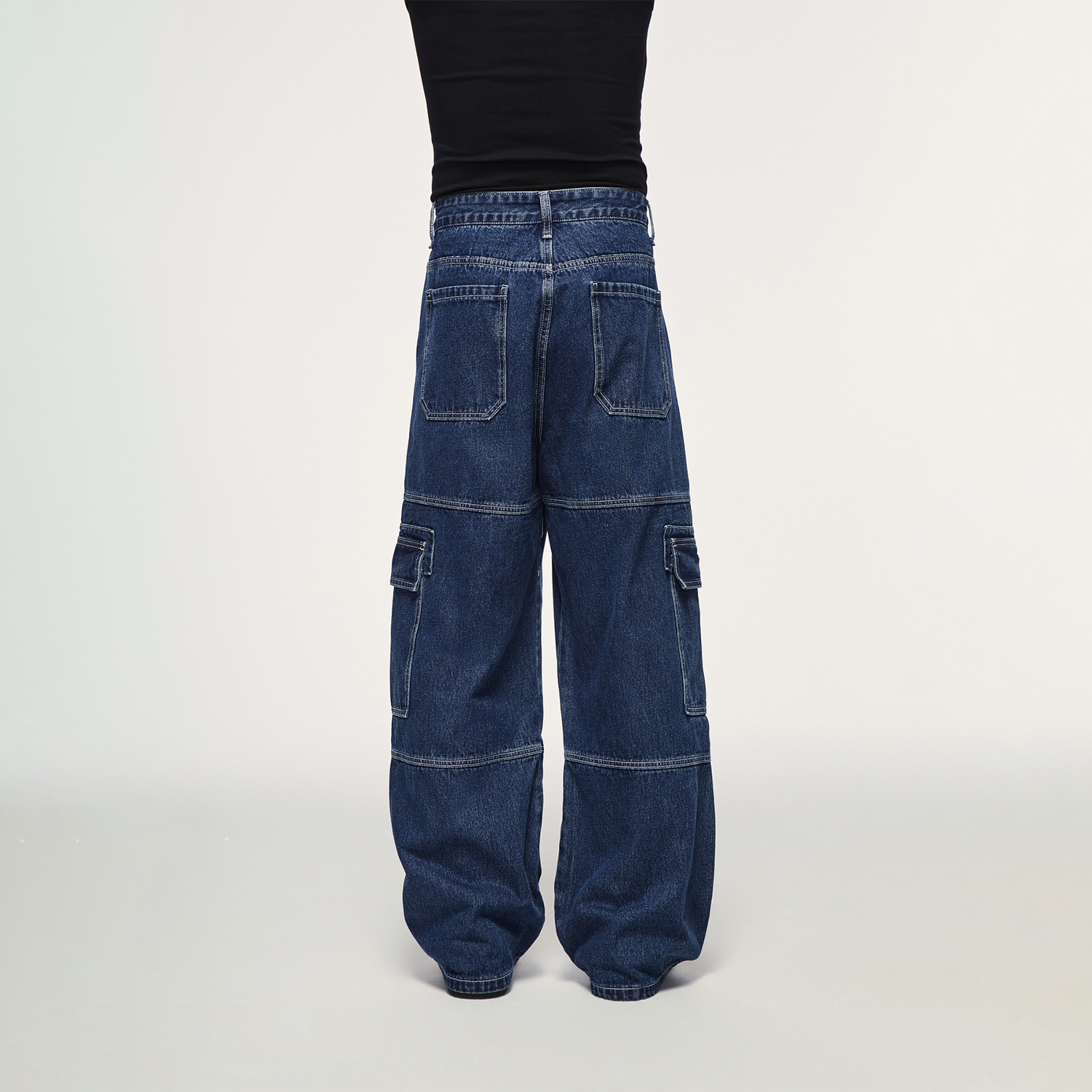 Streetwear Unisex  Pockets Wide-Legged Straight Cut Denim Jeans (blue) - Print on Demand | HugePOD-4