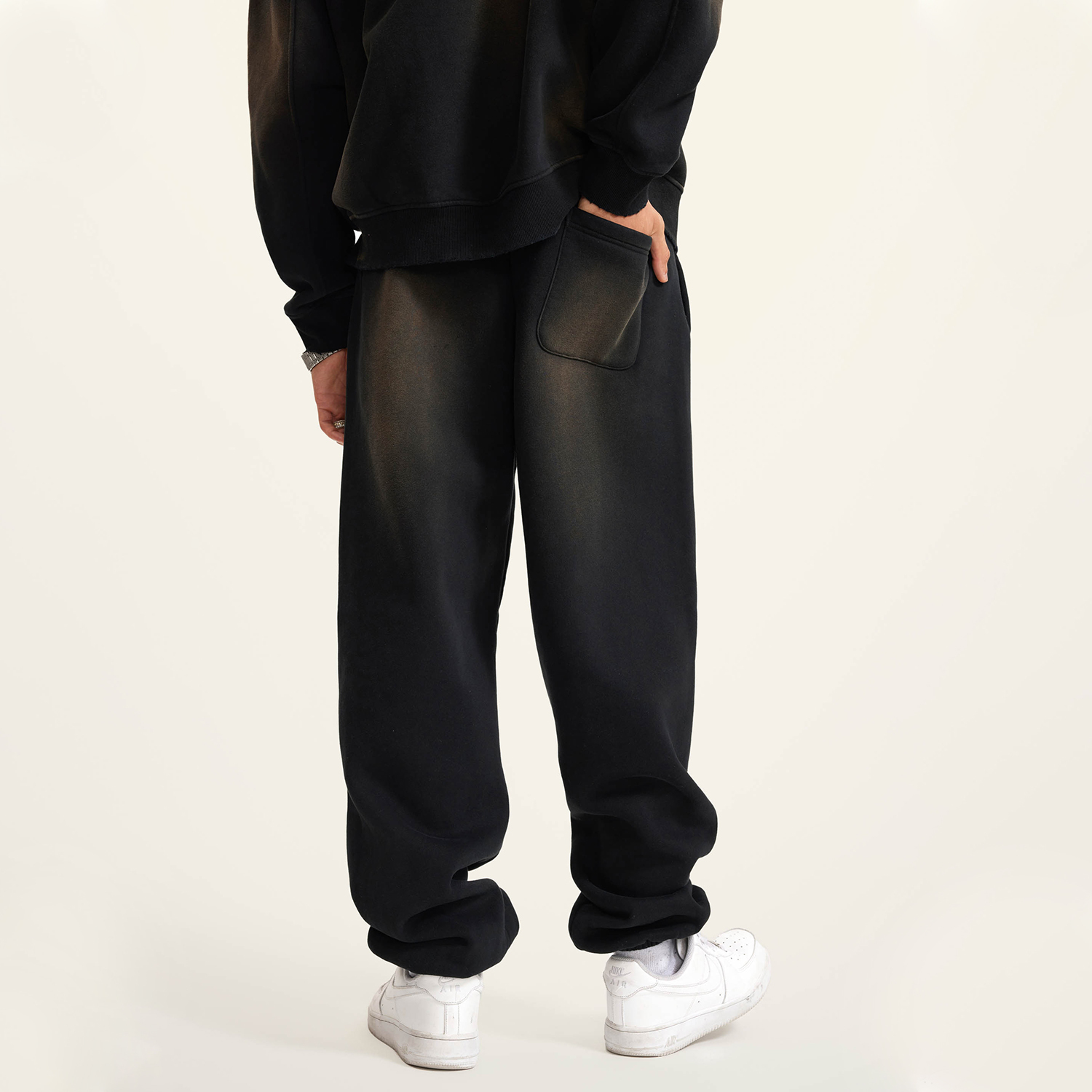 (Black)Streetwear Unisex Monkey Washed Dyed Fleece Joggers-7