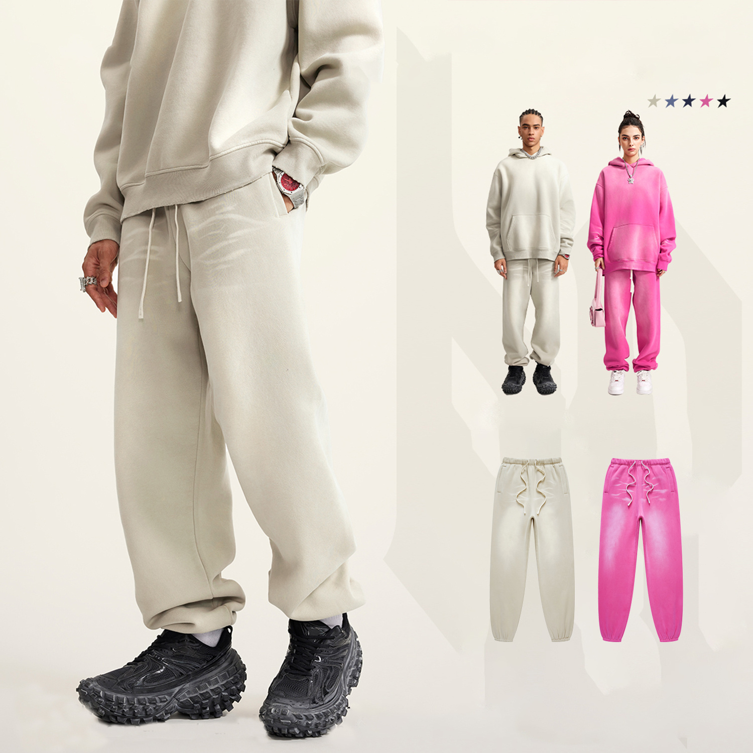 (Rose&Camel)Streetwear Unisex Monkey Washed Dyed Fleece Joggers