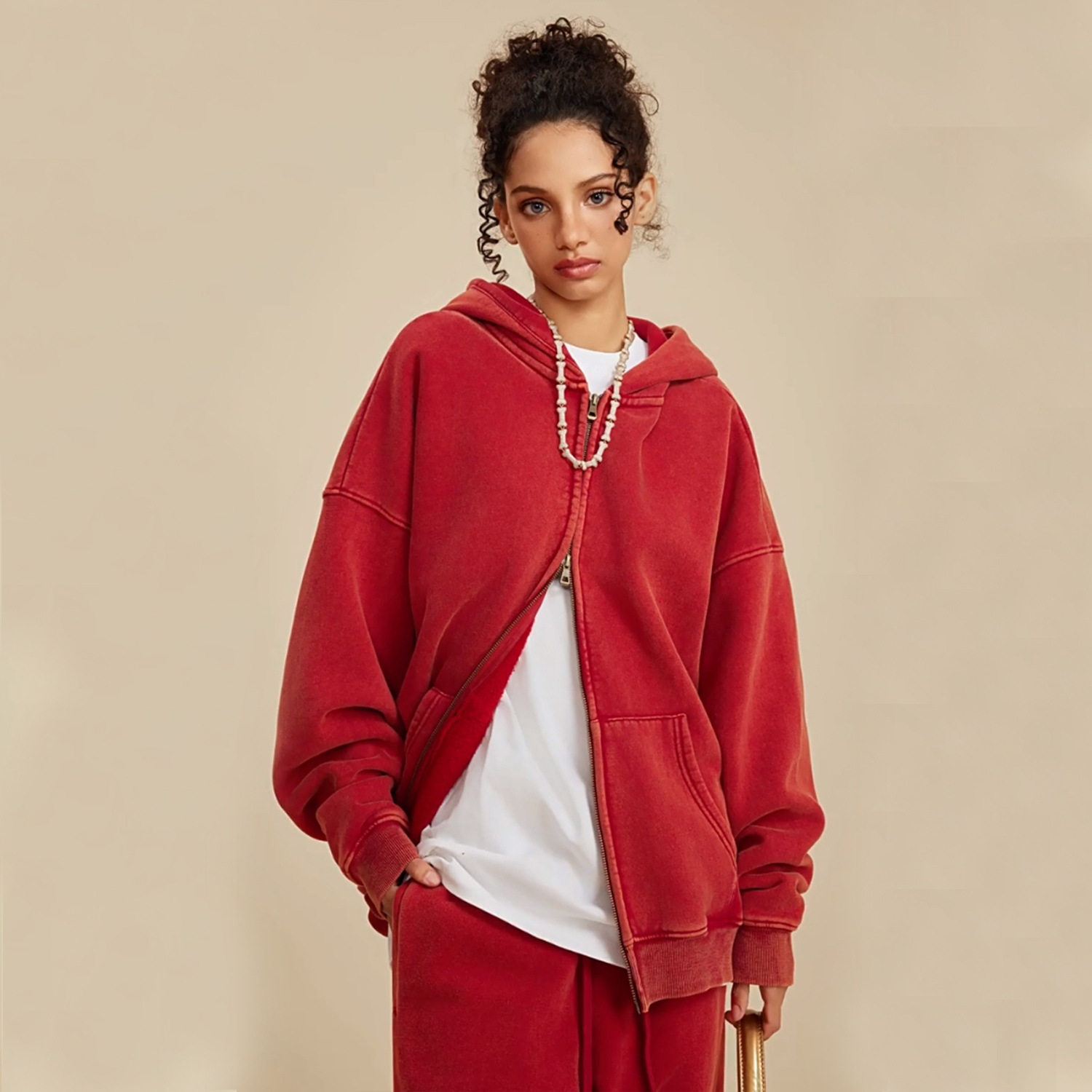 Streetwear Unisex Washed Zip Fleece  Hoodie - Print On Demand-7