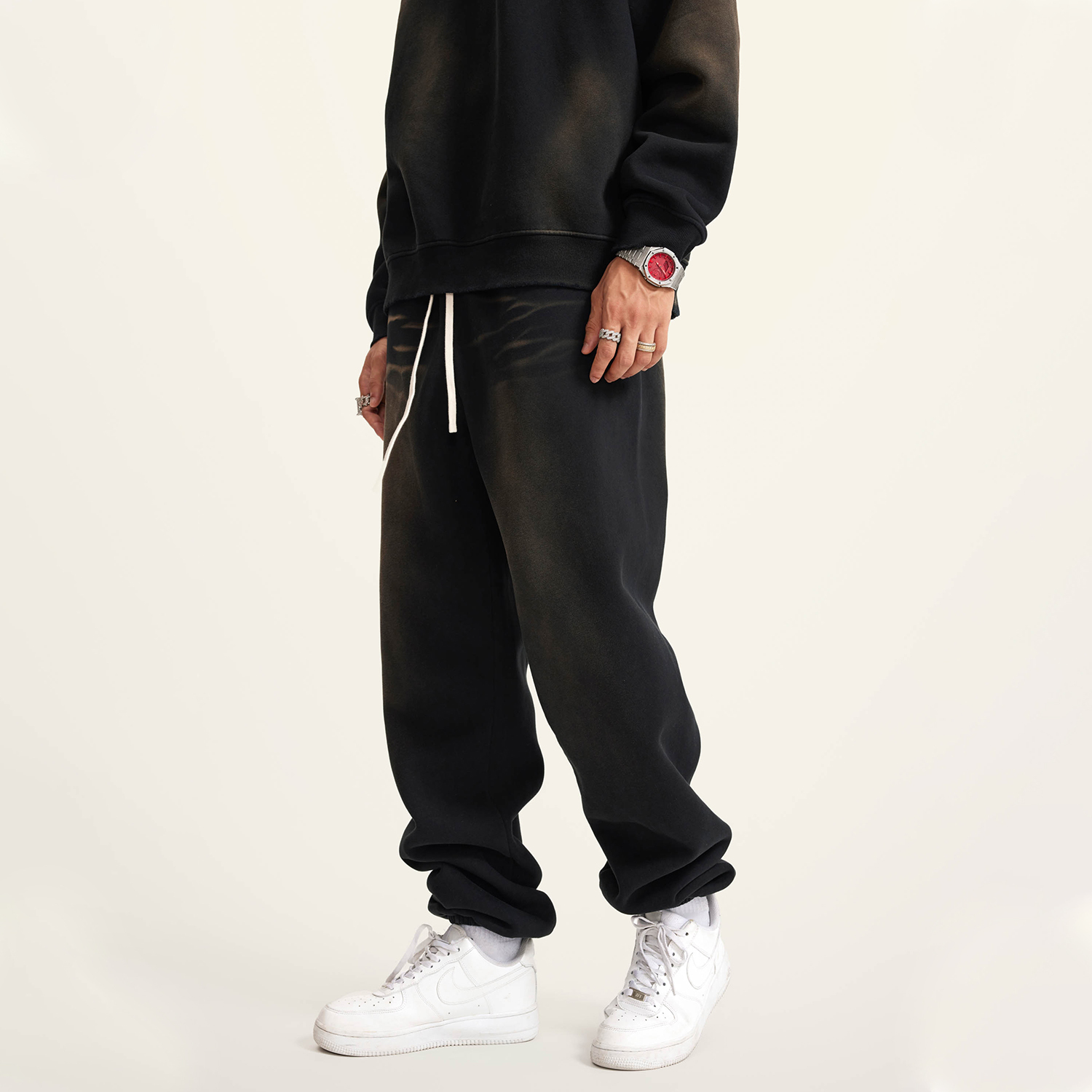 (Black)Streetwear Unisex Monkey Washed Dyed Fleece Joggers-5