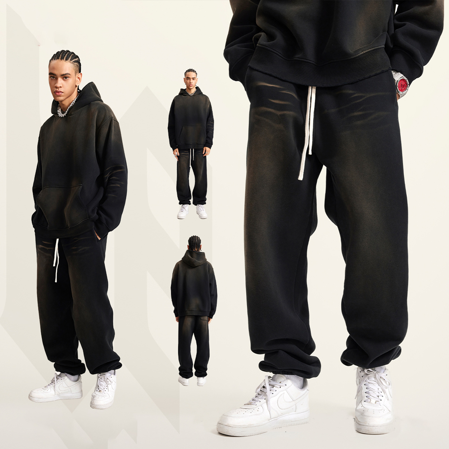 (Black)Streetwear Unisex Monkey Washed Dyed Fleece Joggers