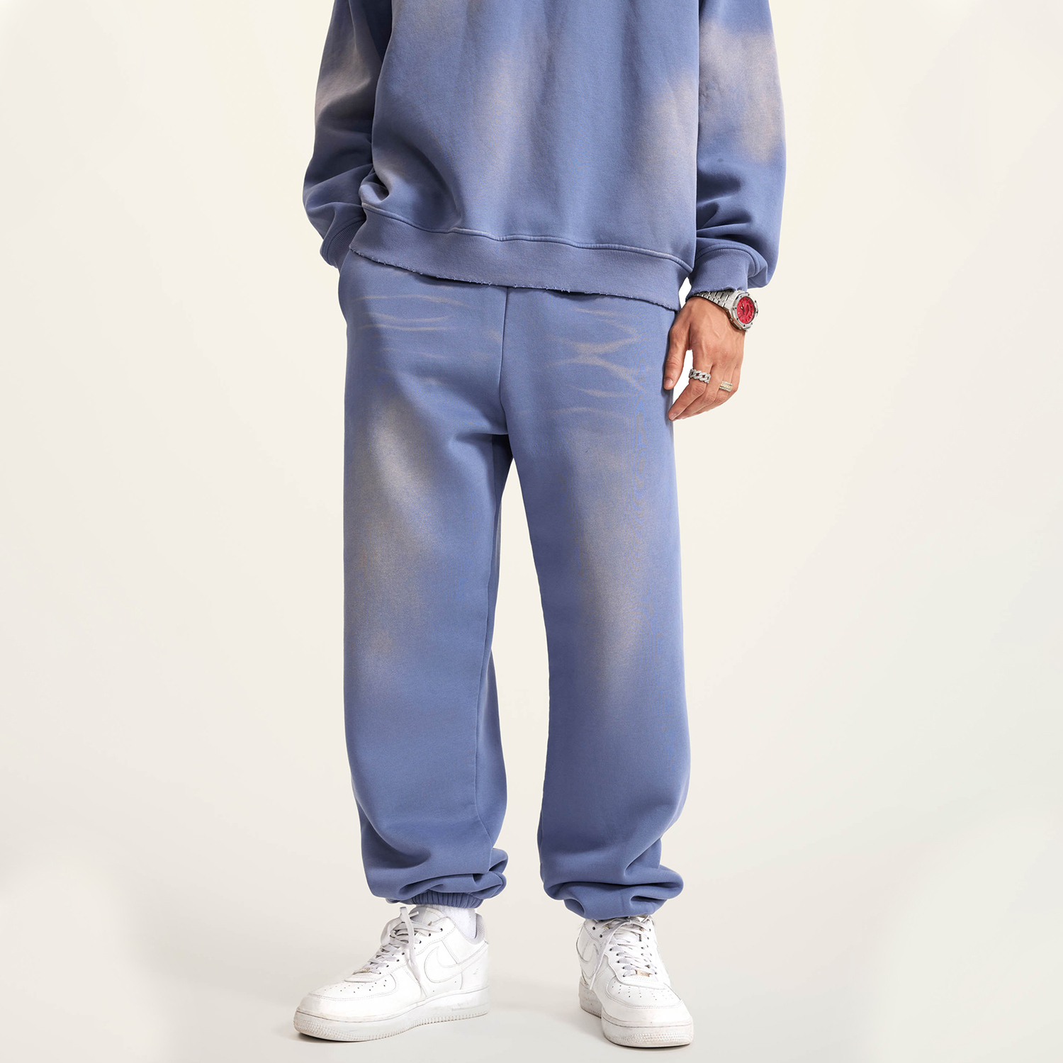 (Denim Blue)Streetwear Unisex Monkey Washed Dyed Fleece Joggers-2