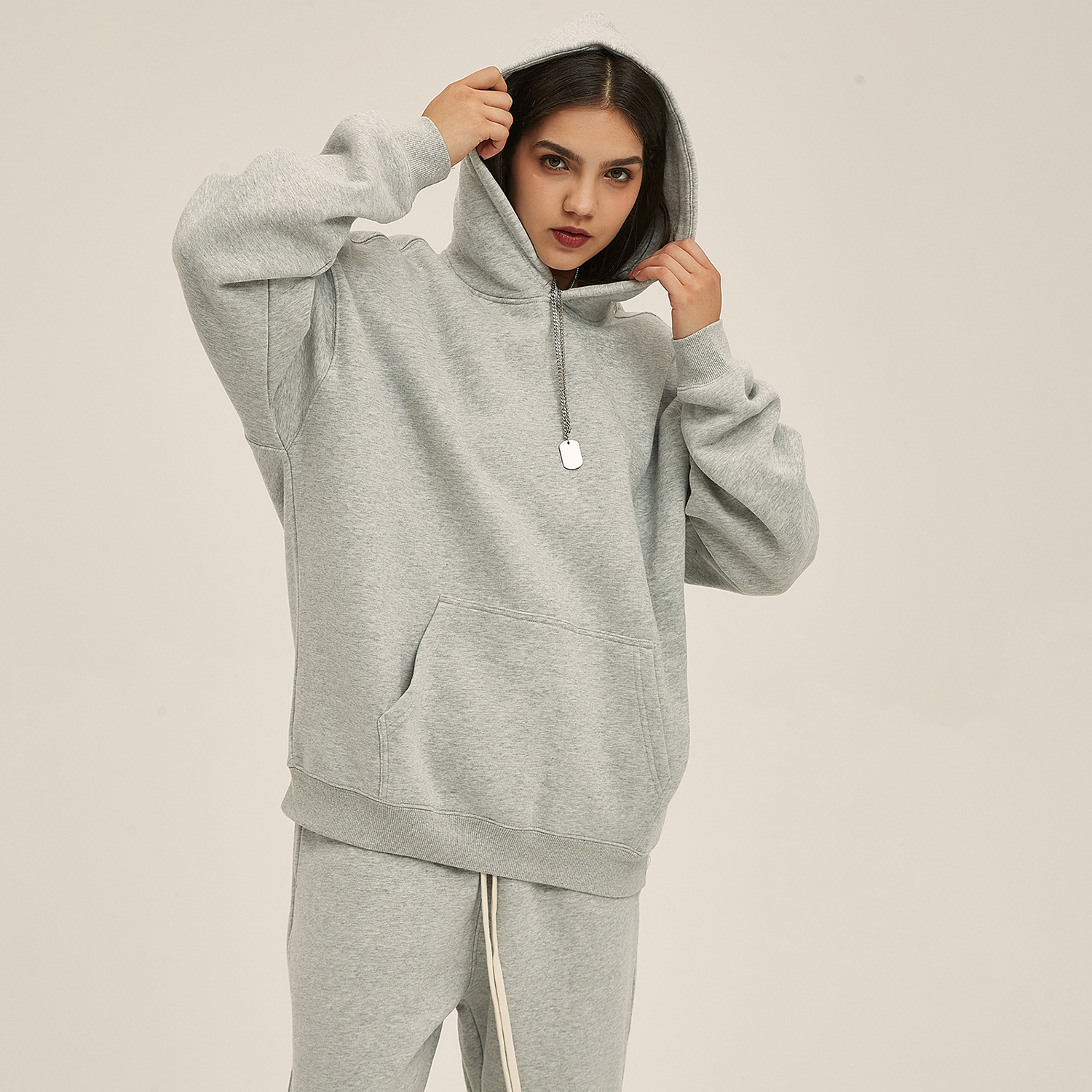 (Gray)Streetwear Unisex Oversized Solid Color Fleece Hoodie-4