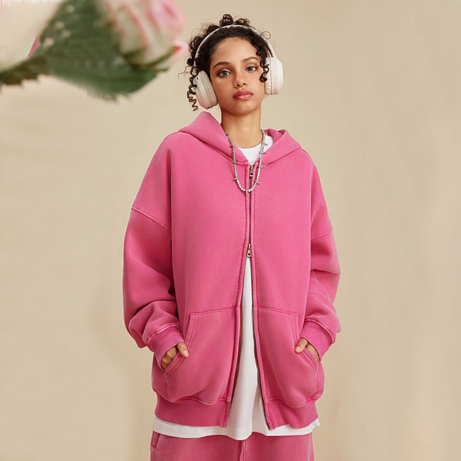 Streetwear Unisex Washed Zip Fleece  Hoodie - Print On Demand-5