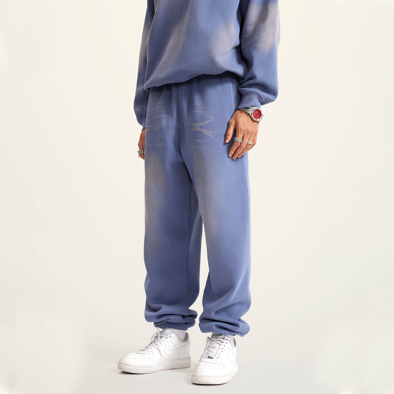 (Denim Blue)Streetwear Unisex Monkey Washed Dyed Fleece Joggers-5