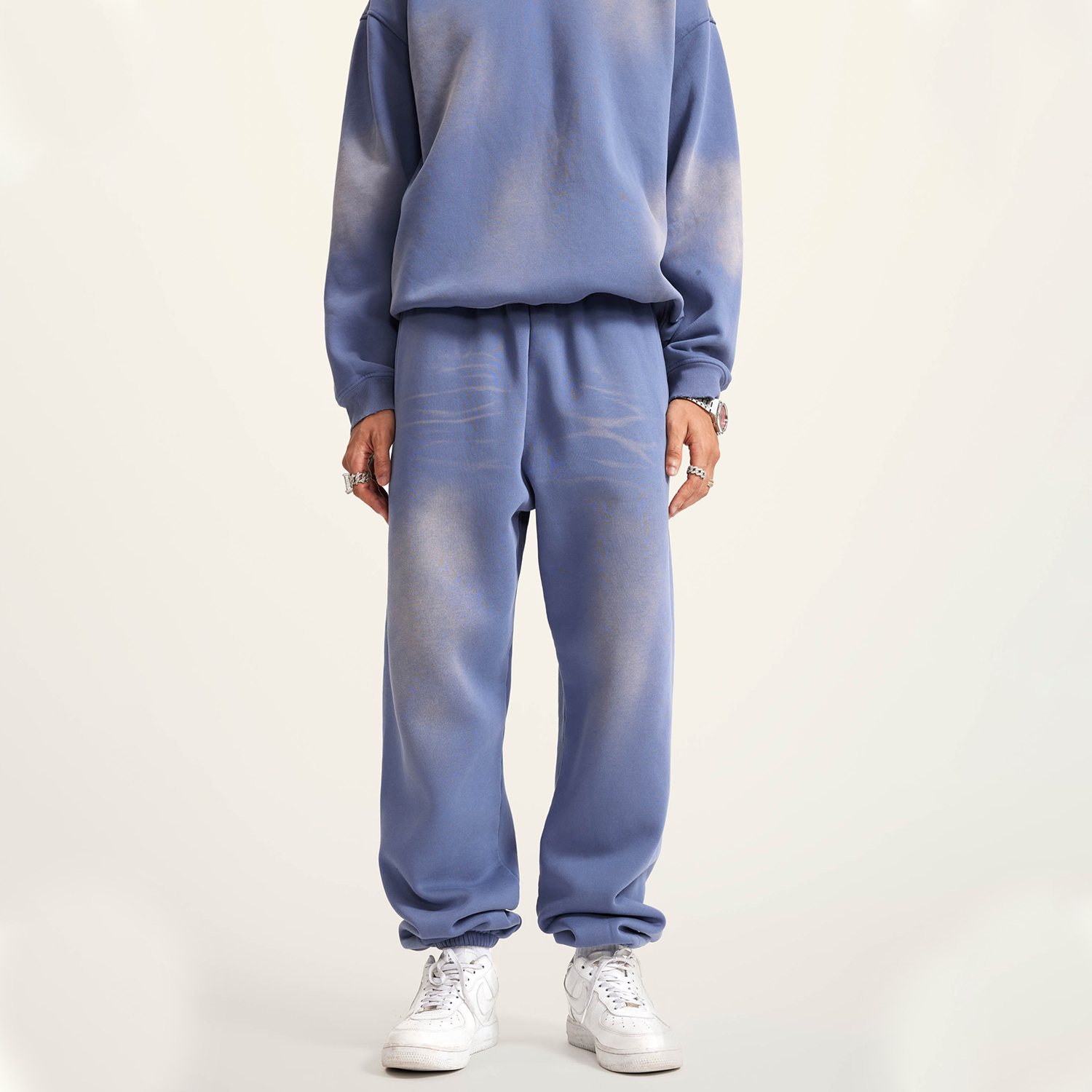 (Denim Blue)Streetwear Unisex Monkey Washed Dyed Fleece Joggers-3