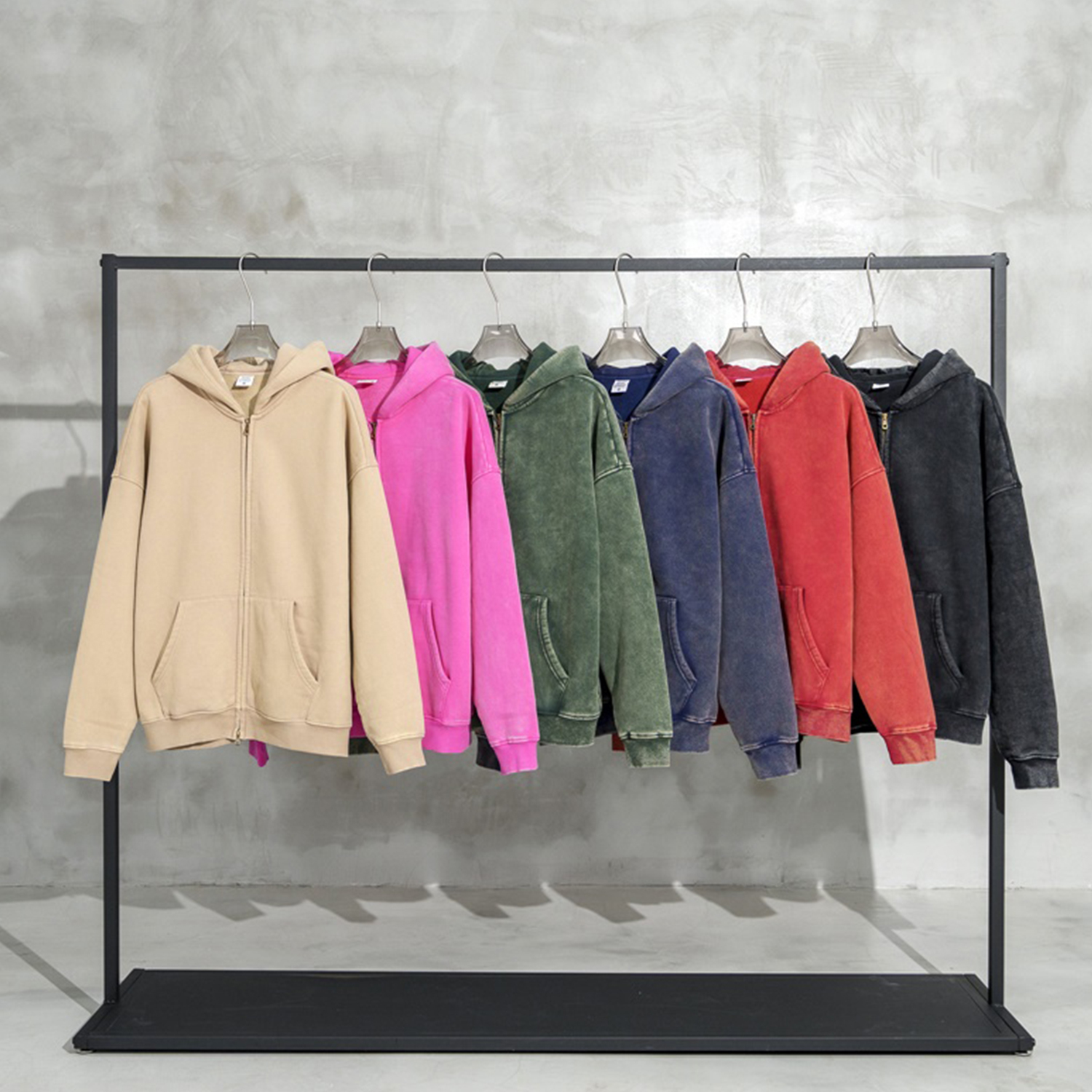 Streetwear Unisex Washed Zip Fleece  Hoodie - Print On Demand-36
