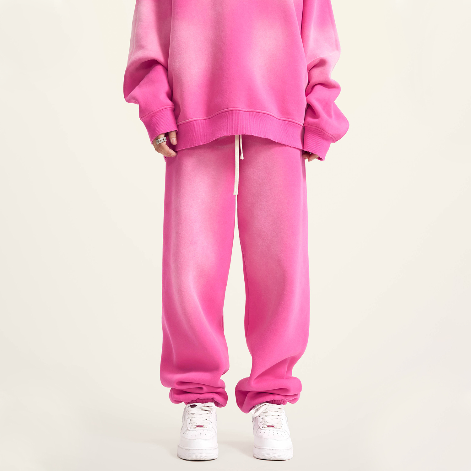 (Rose&Camel)Streetwear Unisex Monkey Washed Dyed Fleece Joggers-6