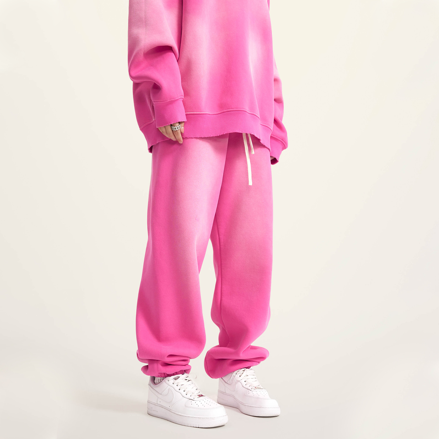 (Rose&Camel)Streetwear Unisex Monkey Washed Dyed Fleece Joggers-9