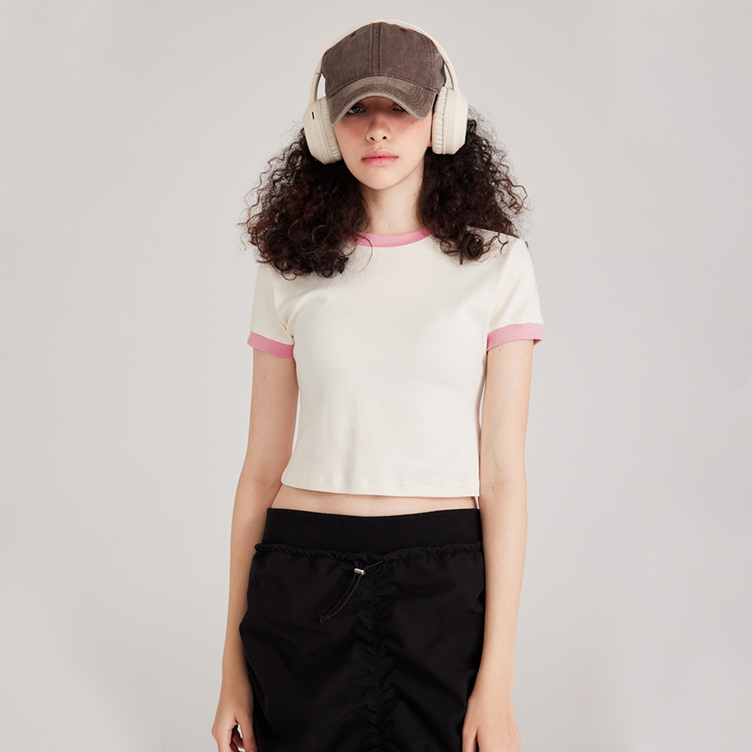 Streetwear Vintage Color-Block Fitted Cropped Curry&Pink Tee - Print On Demand | HugePOD-1