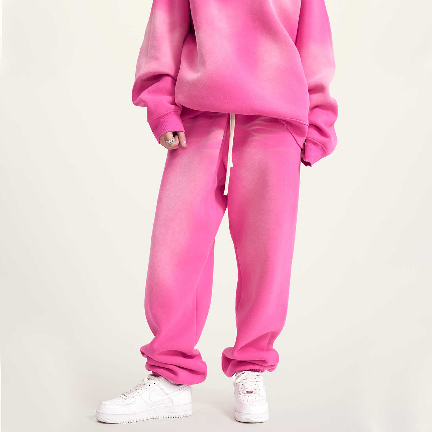 (Rose&Camel)Streetwear Unisex Monkey Washed Dyed Fleece Joggers-7