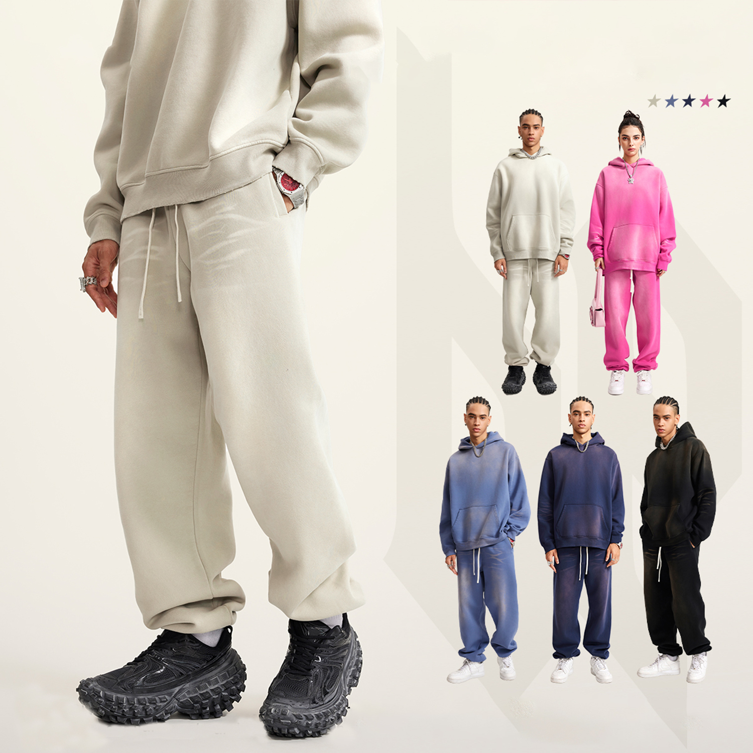 (Black)Streetwear Unisex Monkey Washed Dyed Fleece Joggers-11