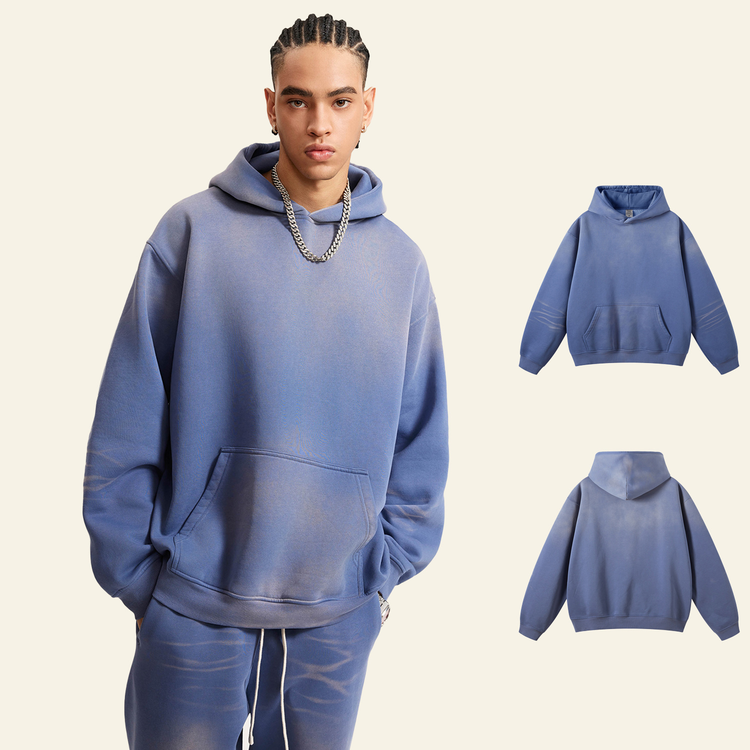 (Denim Blue)Streetwear Monkey Washed Dyed Fleece Hoodie | Dropshipping