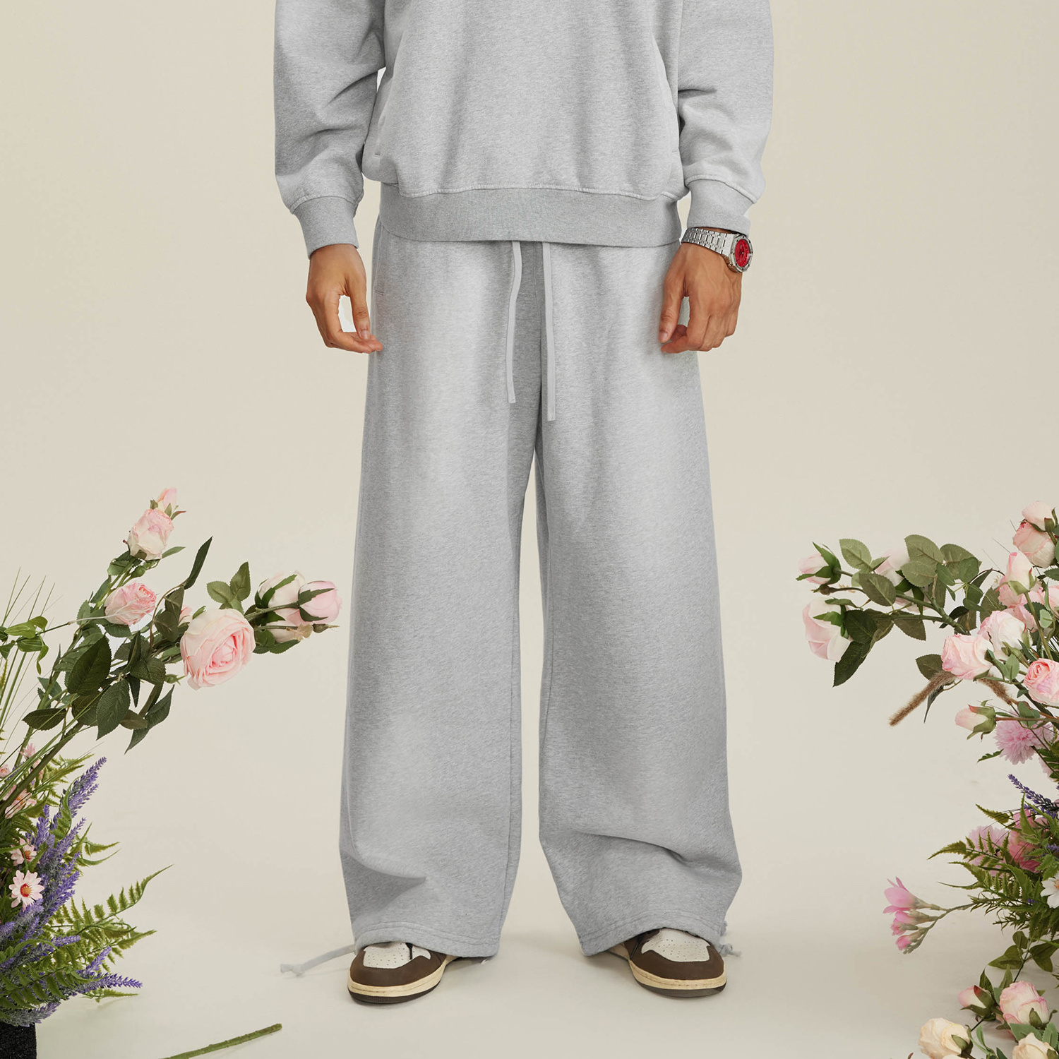 (Light Gray)Streetwear Unisex Heavyweight 445G Ombre Washed Drawstring Waist Fleece Joggers