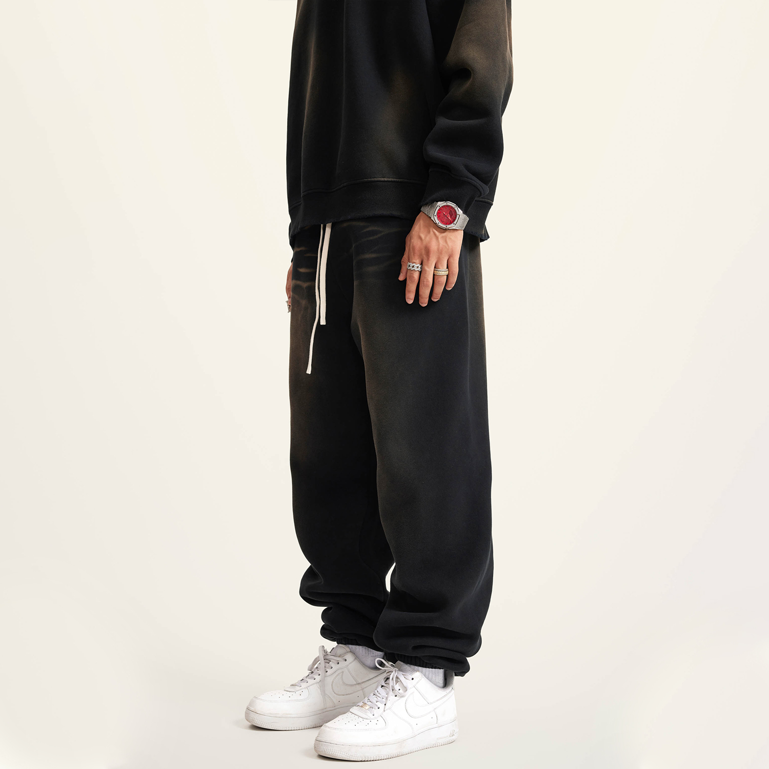 (Black)Streetwear Unisex Monkey Washed Dyed Fleece Joggers-4