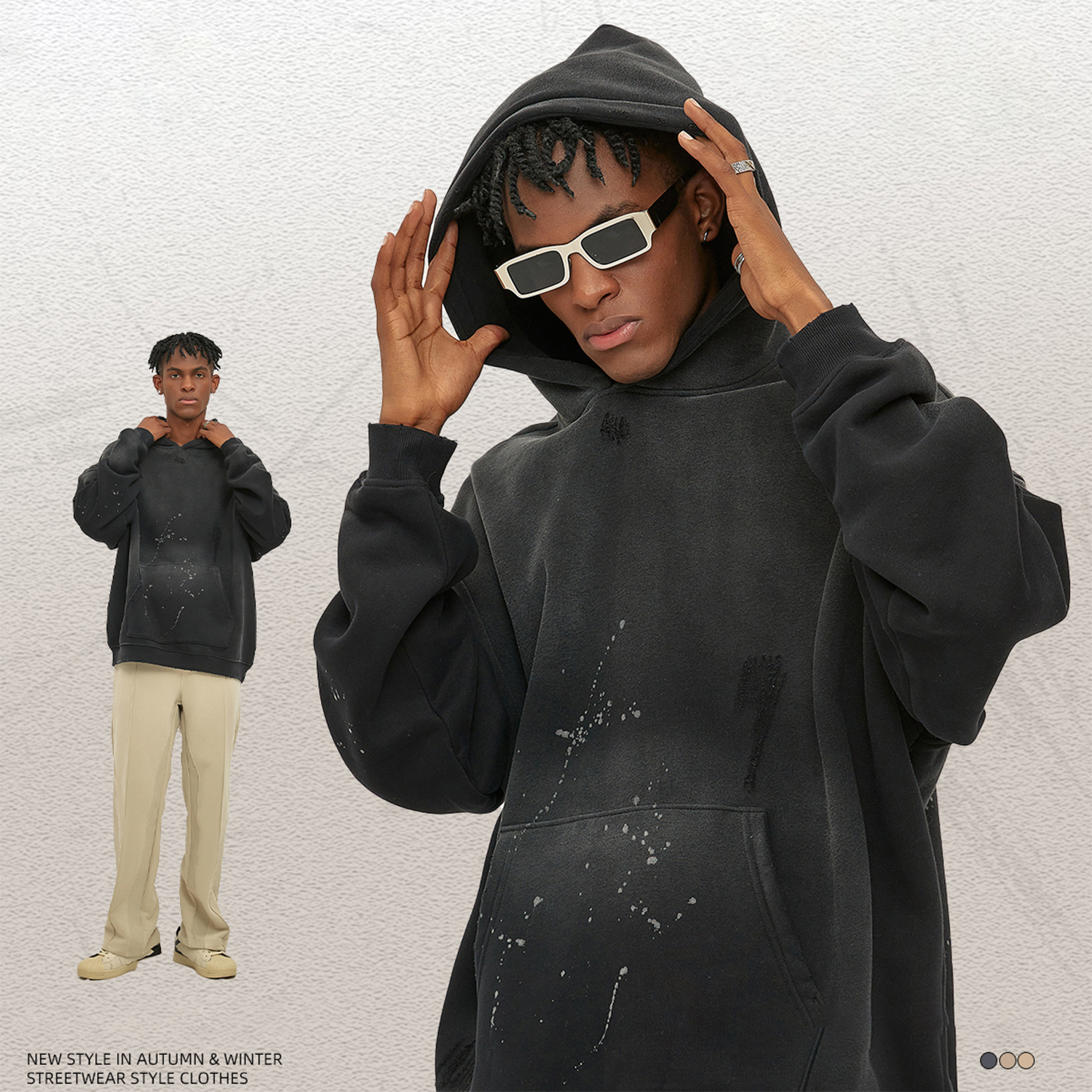 (Black)Streetwear Unisex Monkey Washed Frayed Effect Hoodie-4