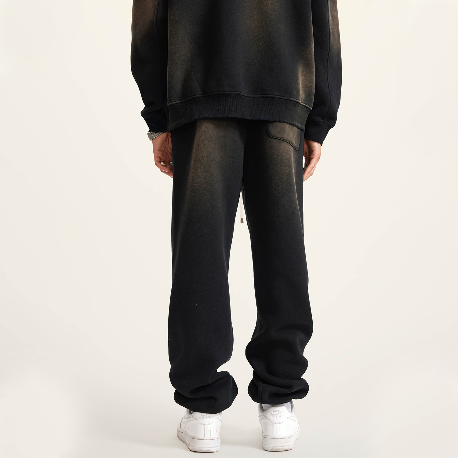 (Black)Streetwear Unisex Monkey Washed Dyed Fleece Joggers-6