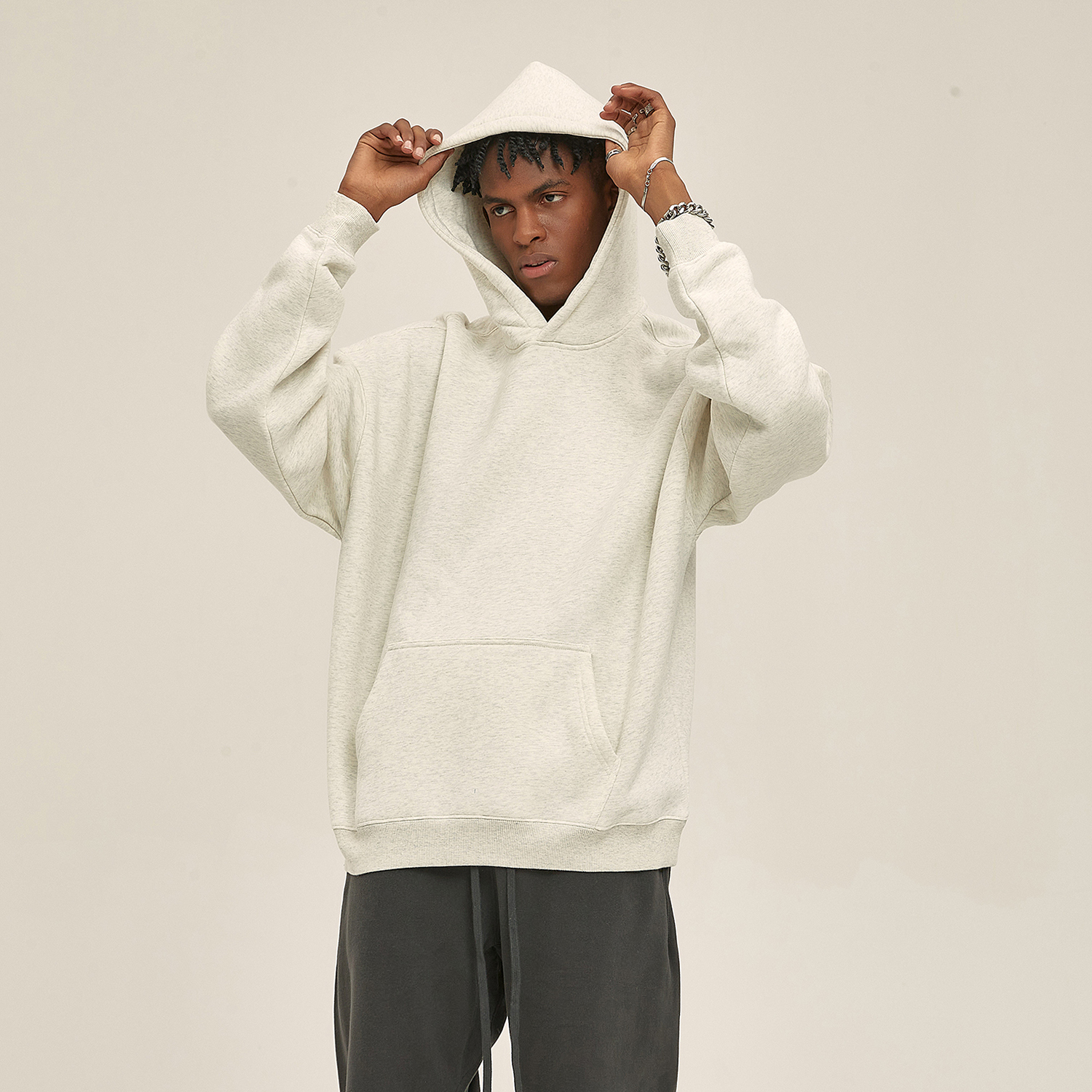 (Gray)Streetwear Unisex Oversized Solid Color Fleece Hoodie-2