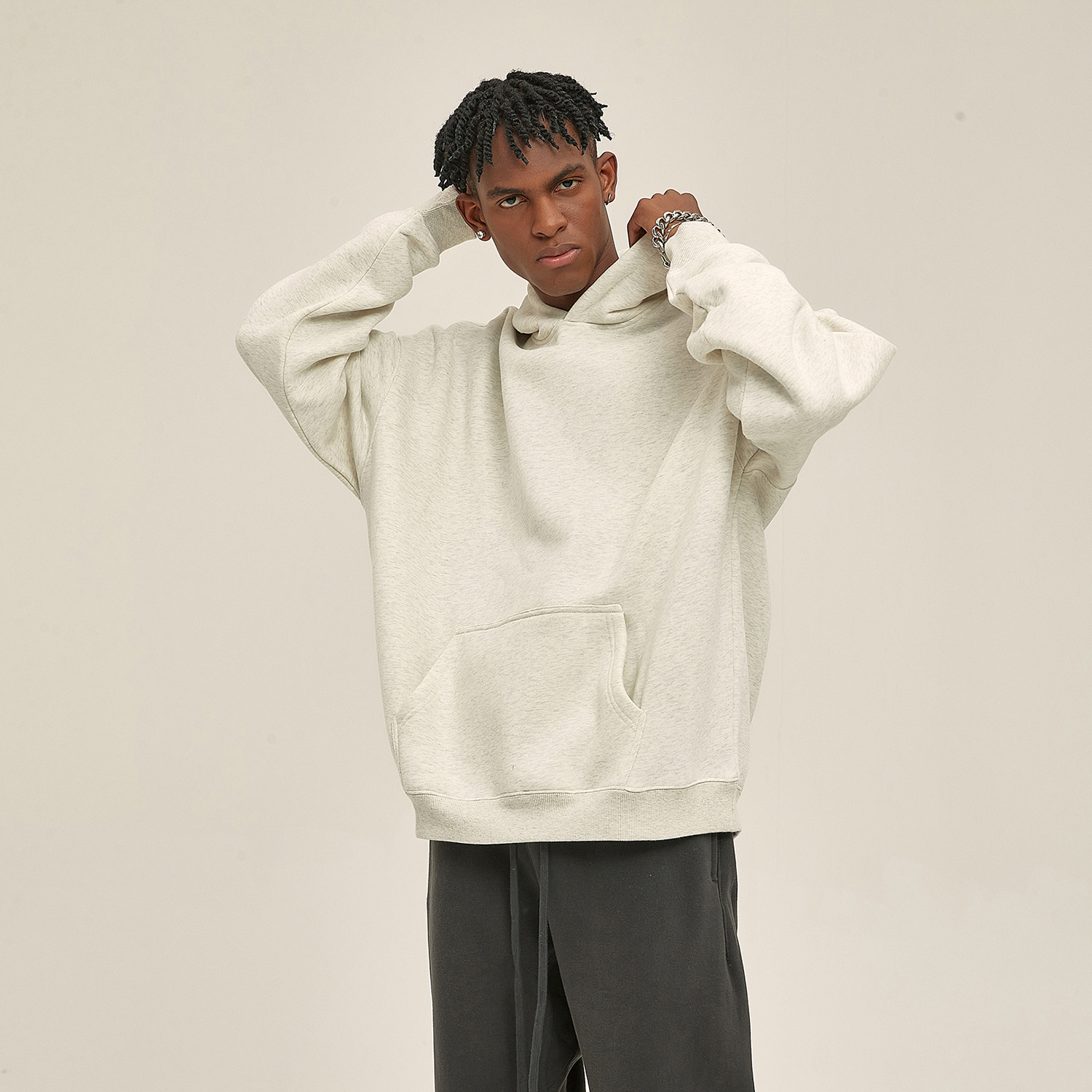 (Gray)Streetwear Unisex Oversized Solid Color Fleece Hoodie